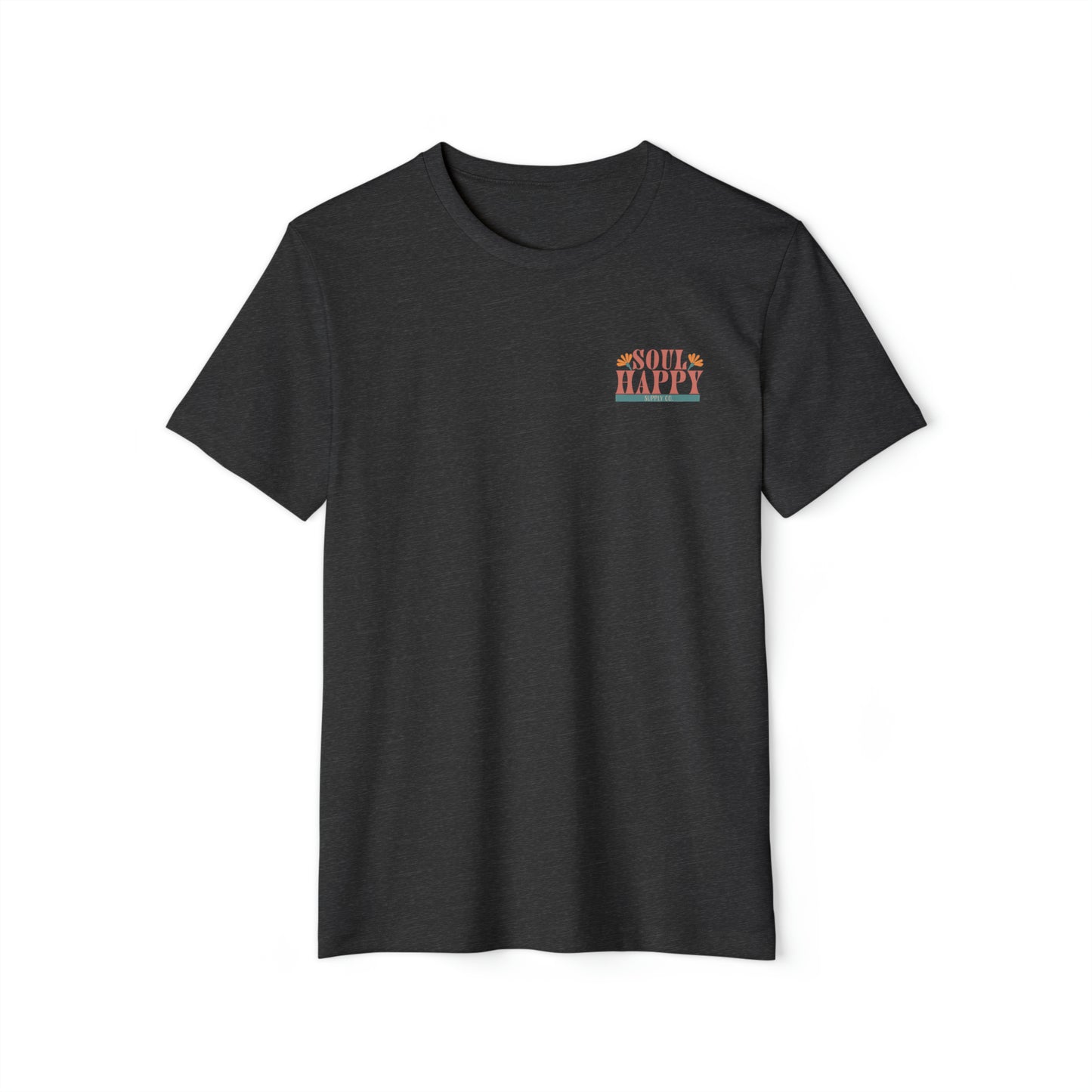 A dark grey recycled, organic, short sleeved t-shirt that says Soul Happy Supply Co. on the front.