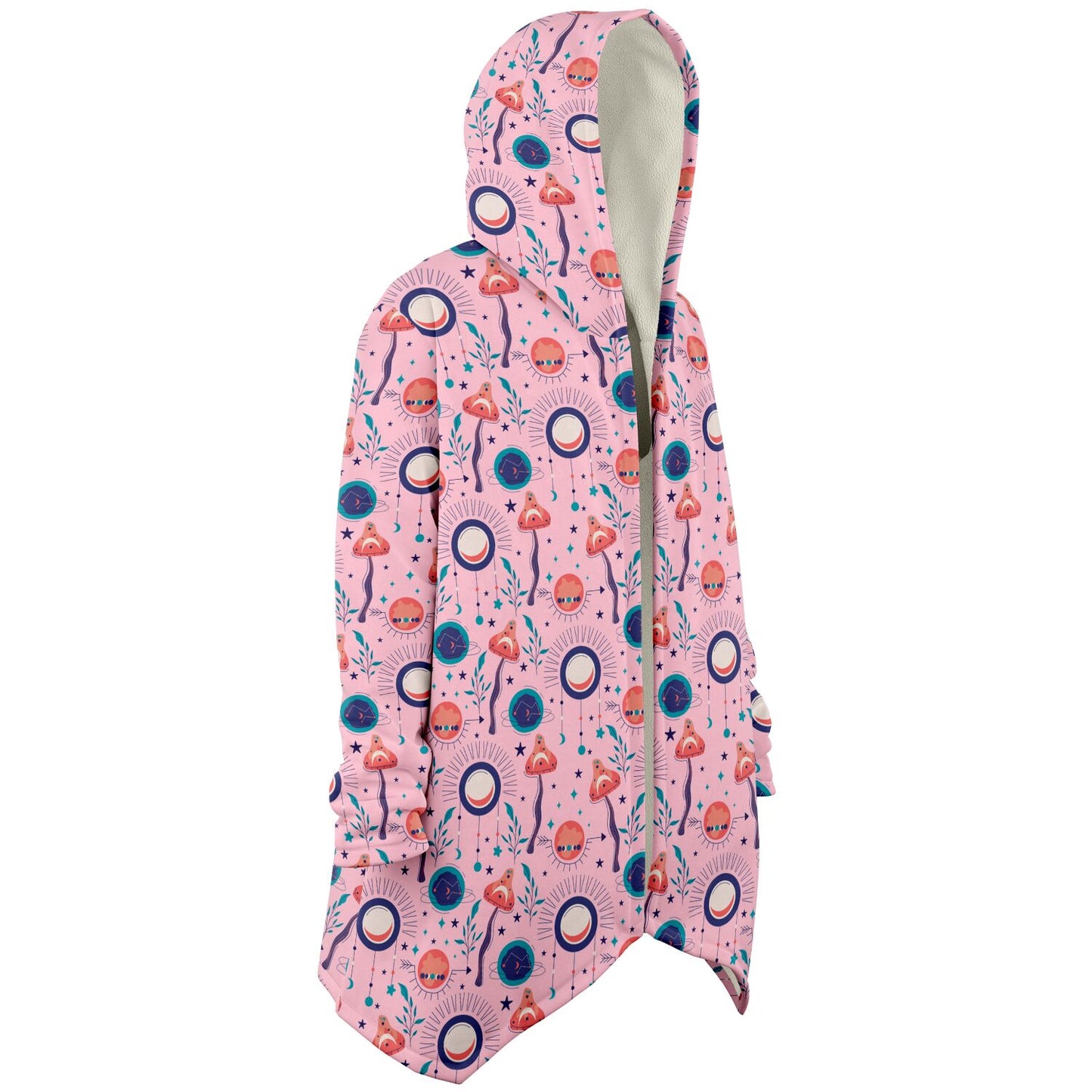 A cozy, hooded, pink microfleece cloak with a colorful, trippy mushroom design.