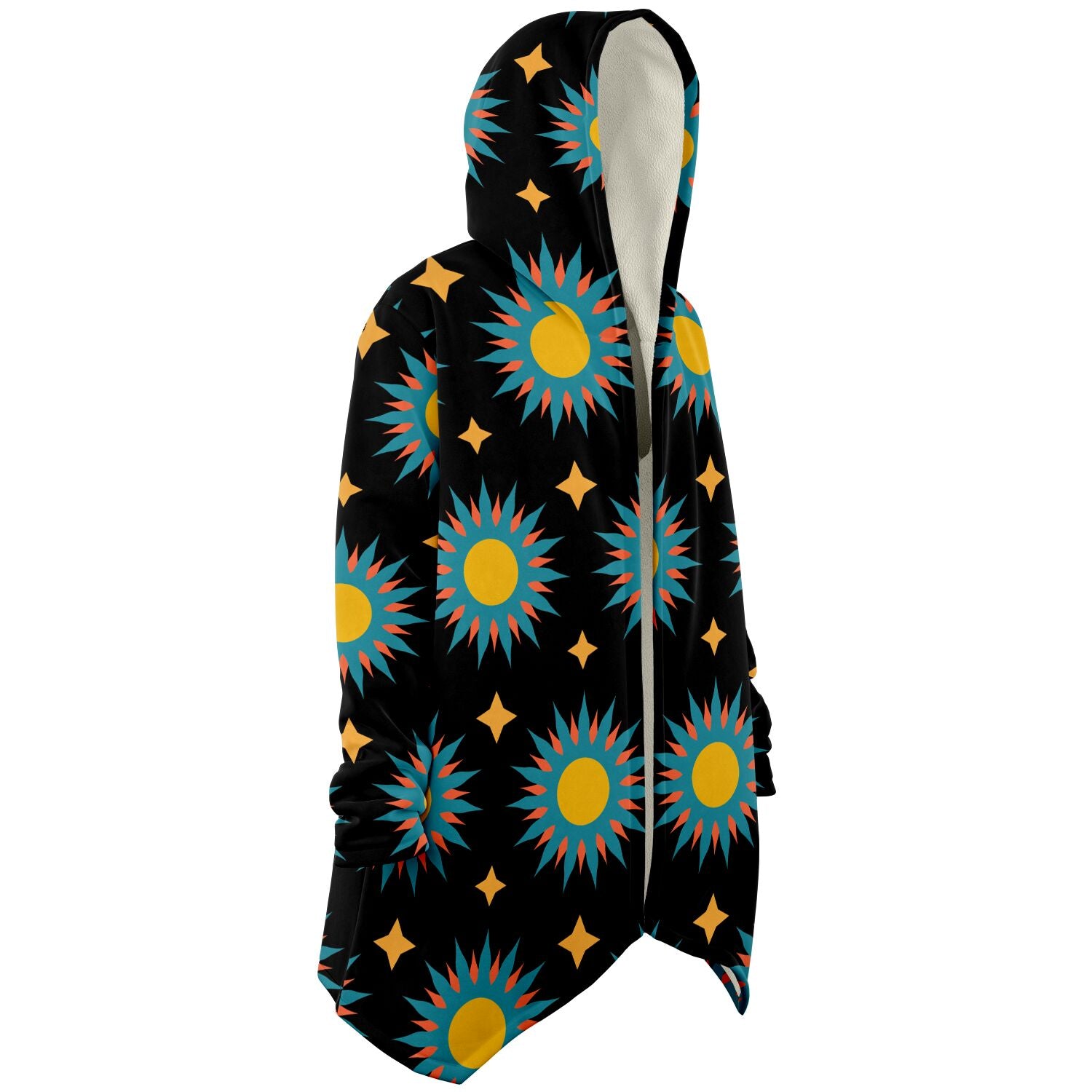 A cozy, hooded, black microfleece cloak with a colorful sun design.