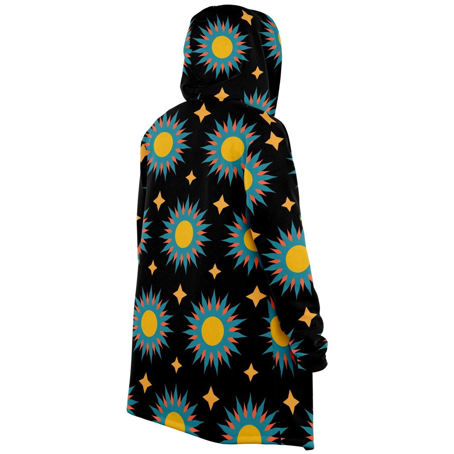 A cozy, hooded, black microfleece cloak with a colorful sun design.