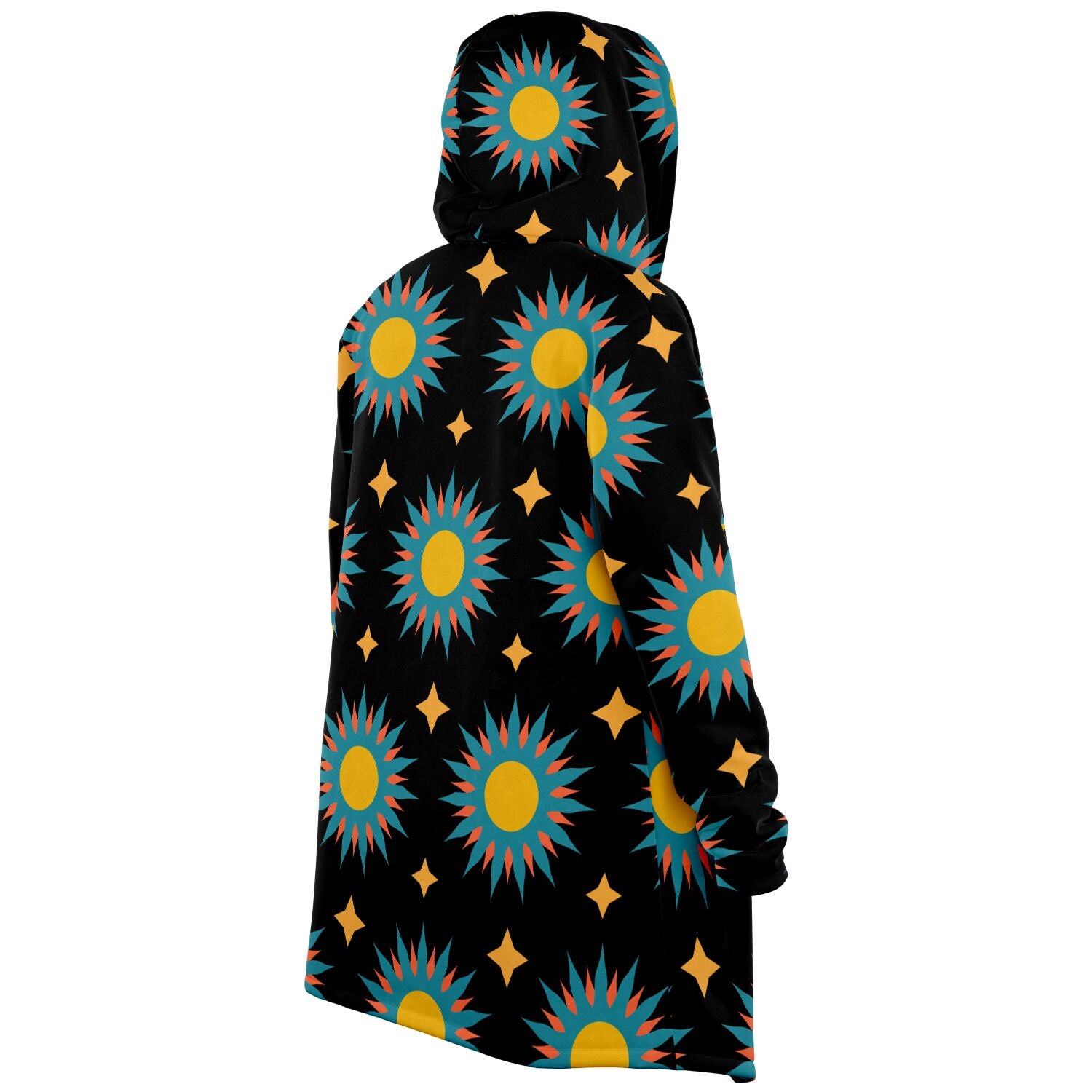 A cozy, hooded, black microfleece cloak with a colorful sun design.