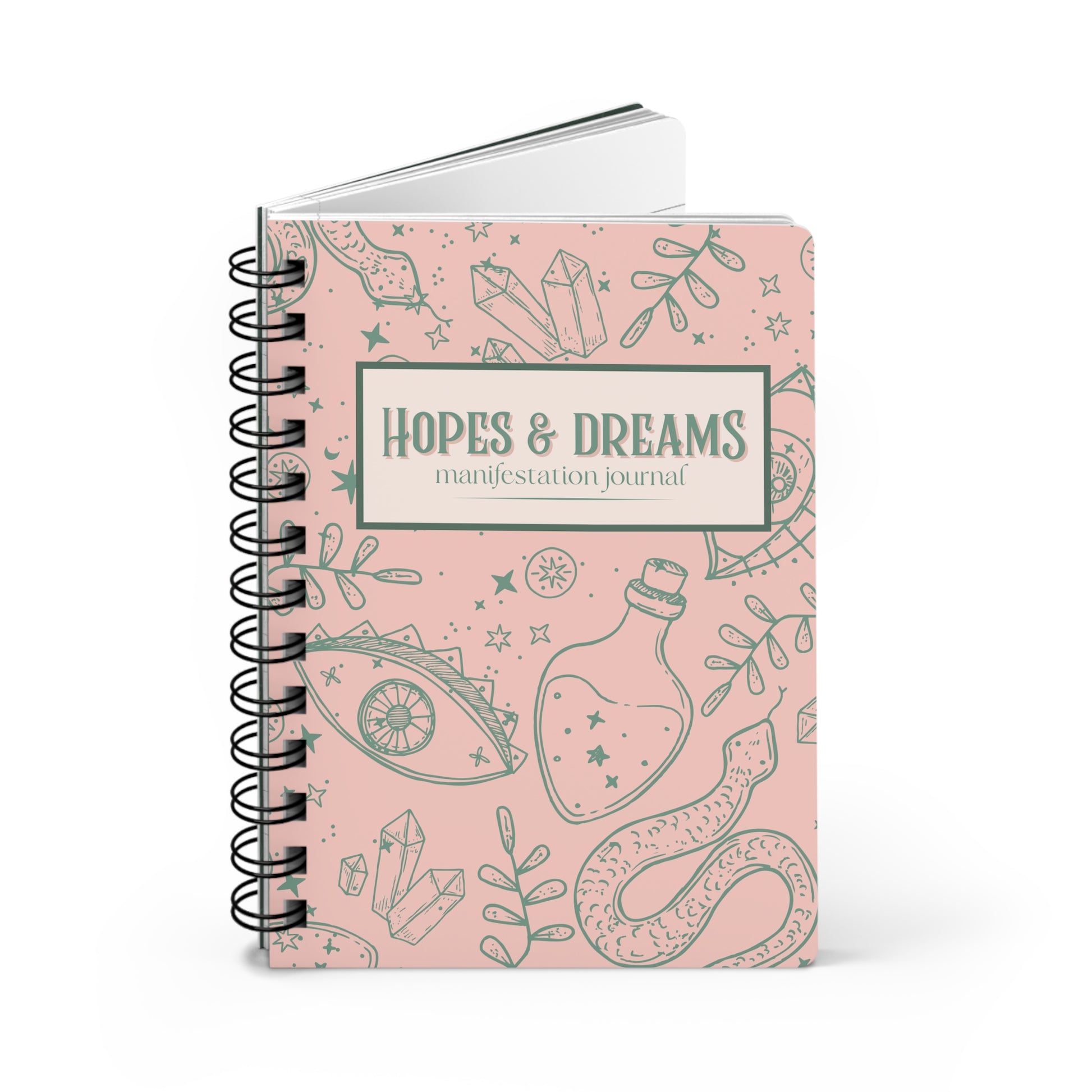 Hopes & Dreams Manifestation Journal. Pink with green mystical graphics.