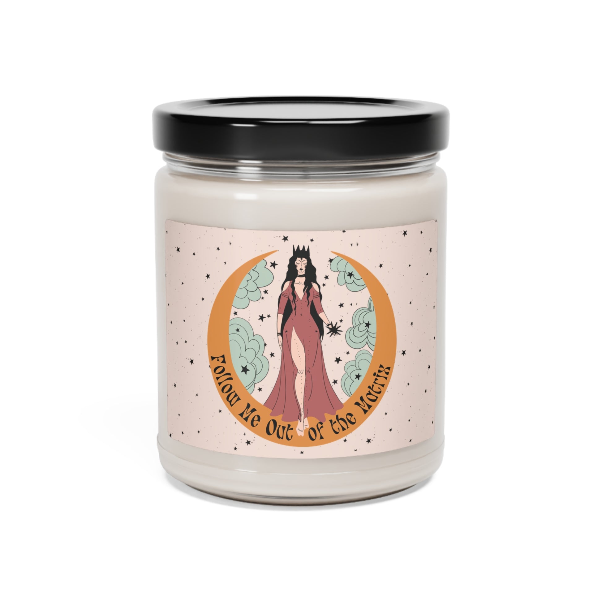 Eco friendly, 9oz soy wax candle with cotton wick and "Follow Me Out of the Matrix" design.