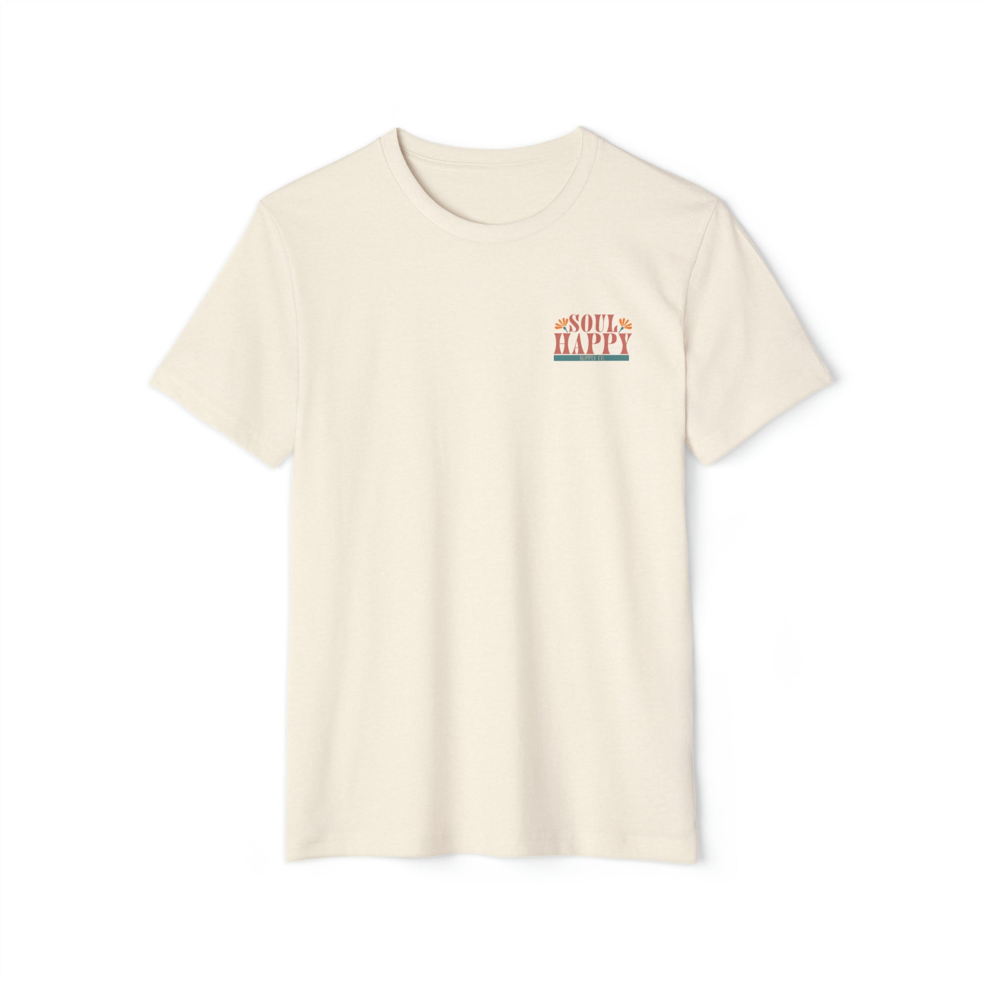 A natural beige recycled, organic, short sleeved t-shirt that says Soul Happy Supply Co. on the front.