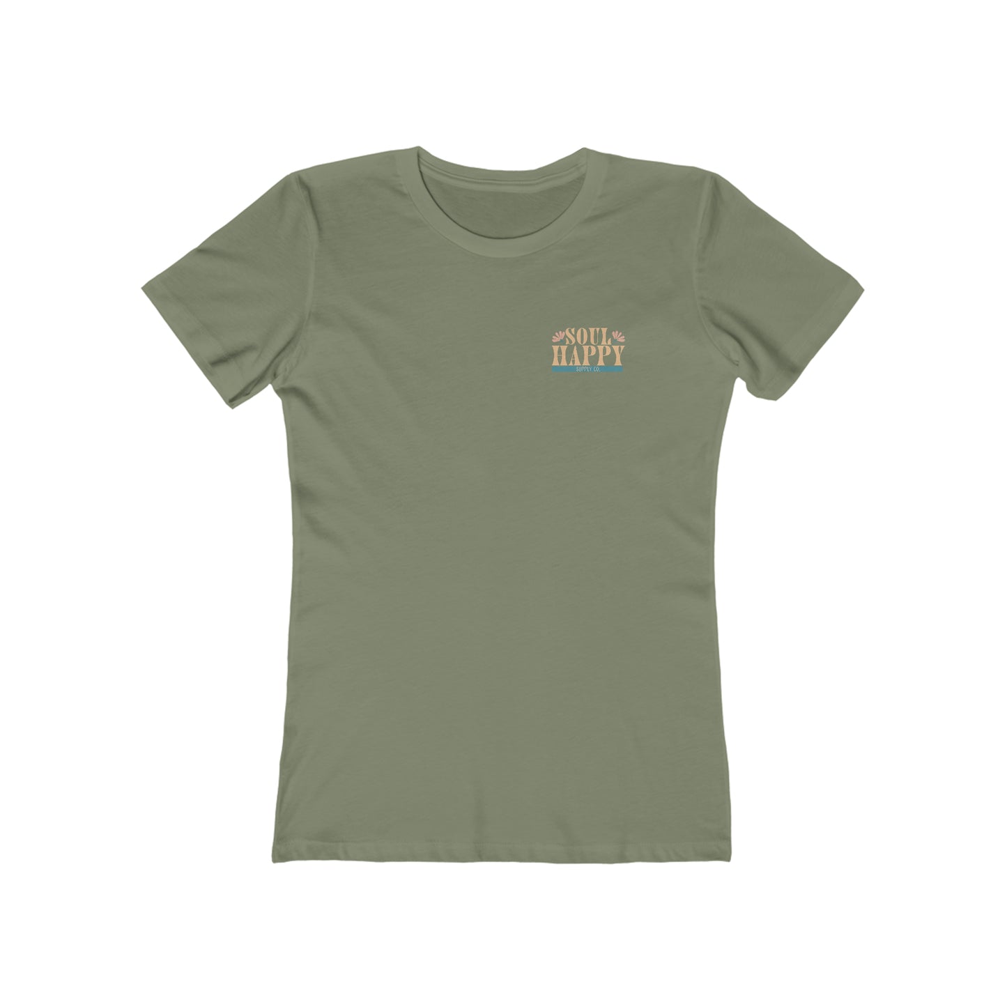 A light olive, slim fit tee that says Soul Happy Supply Co. on the front.