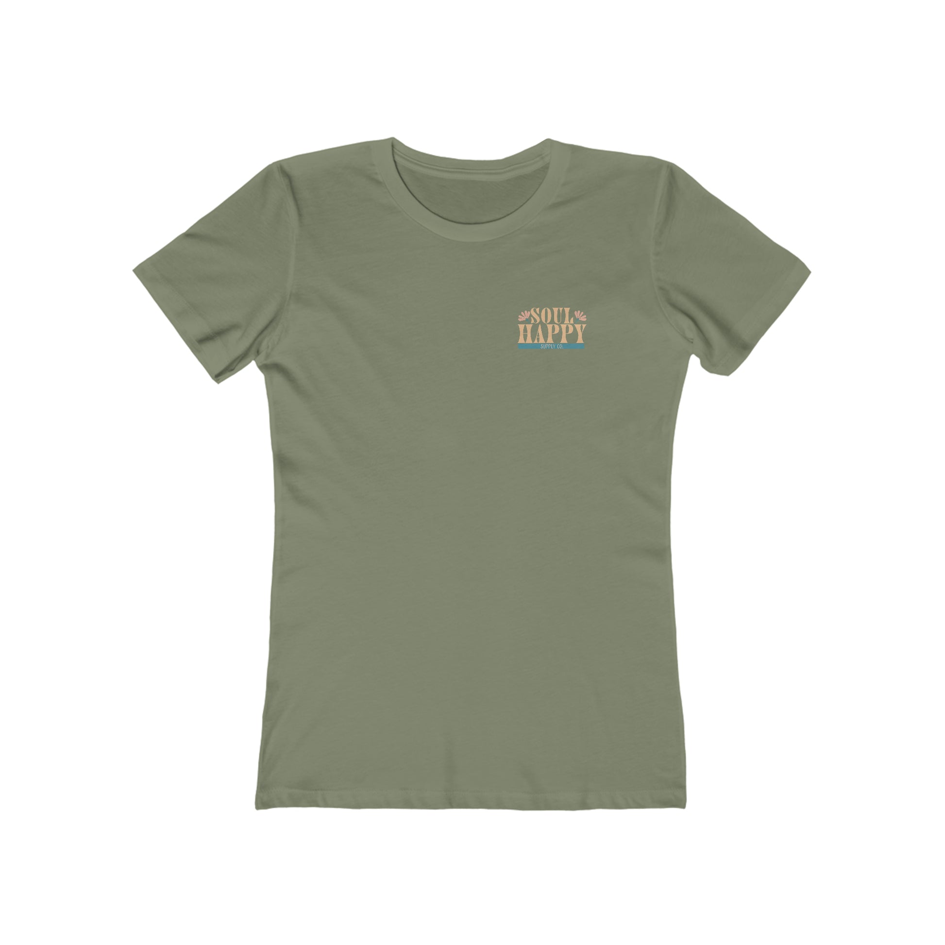 A light olive, slim fit tee that says Soul Happy Supply Co. on the front.
