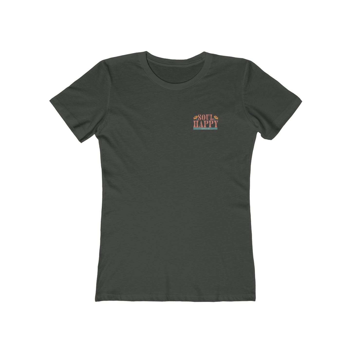 A grey, slim fit t-shirt that says Soul Happy Supply Co. on the front.