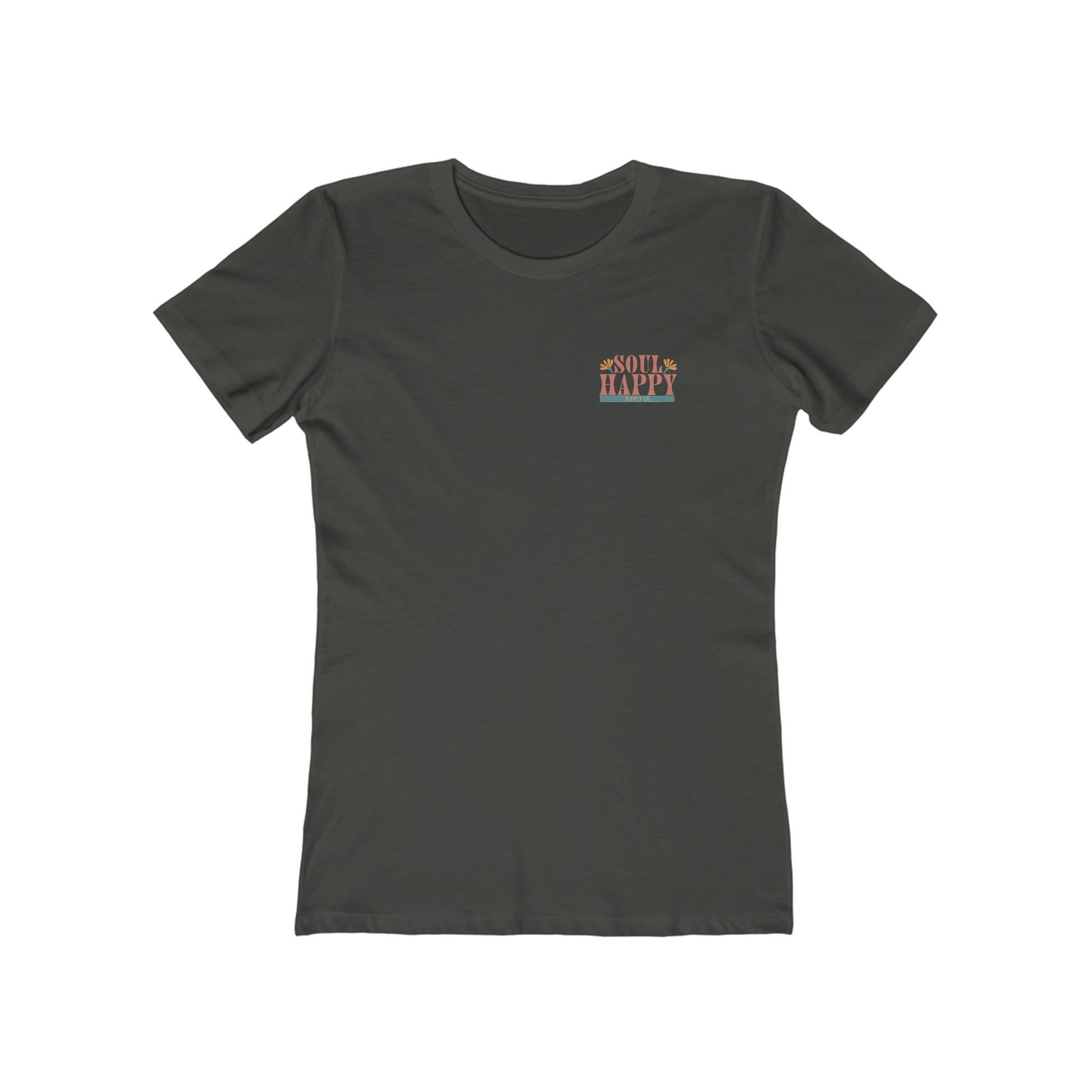 A grey, slim fit t-shirt that says Soul Happy Supply Co. on the front.