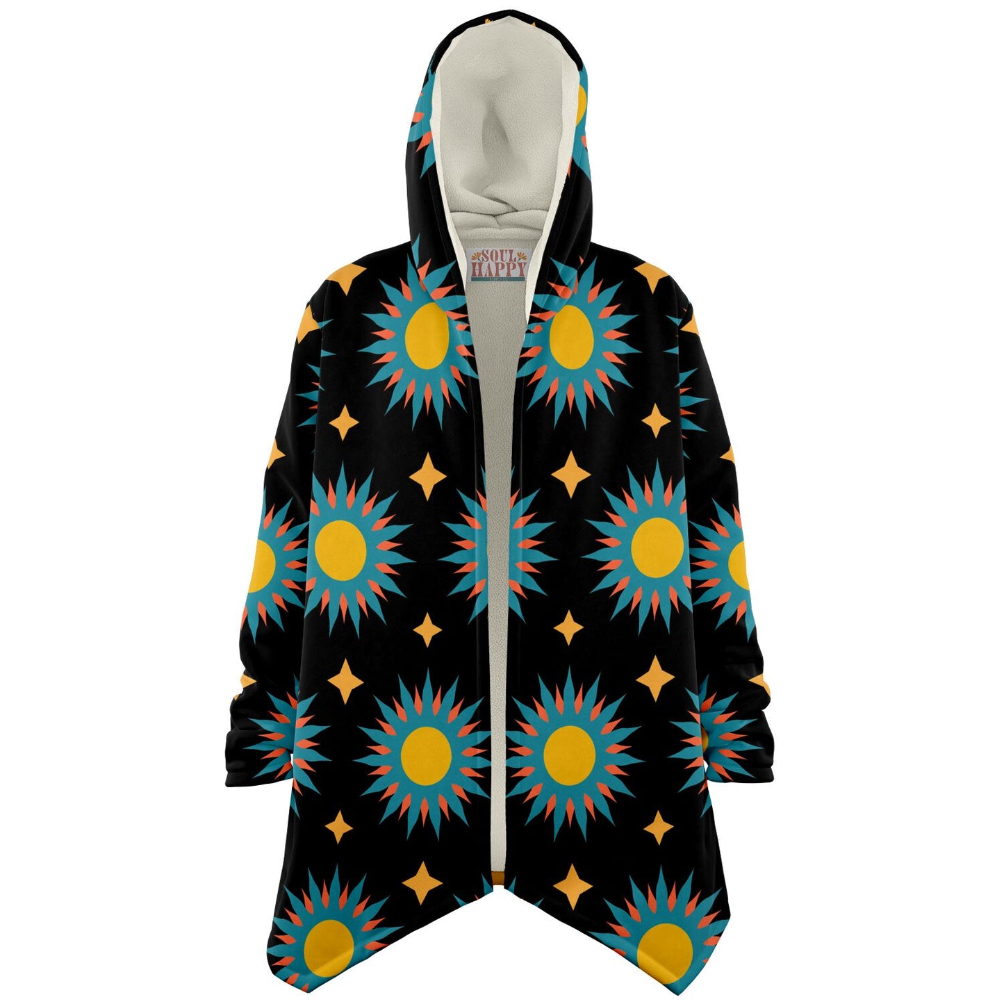 A cozy, hooded, black microfleece cloak with a colorful sun design.