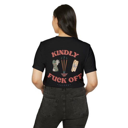 Woman wearing a black recycled, organic, short sleeved t-shirt that says Kindly Fuck Off with graphics of sage, incense, and palo santo on the back.