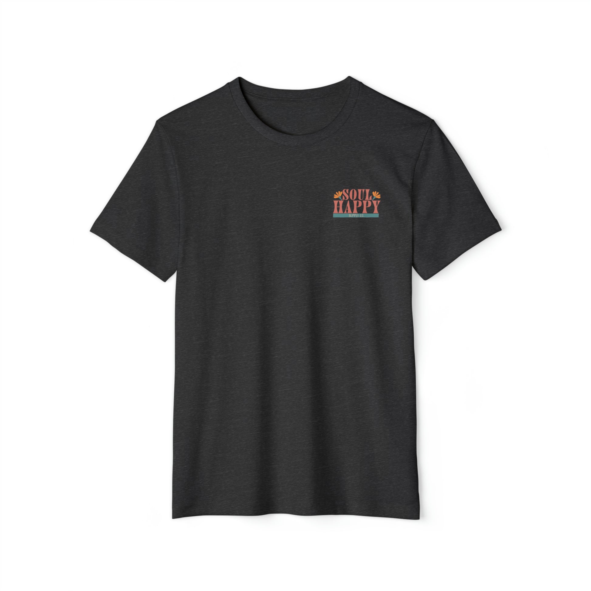 A dark grey recycled, organic, short sleeved t-shirt that says Soul Happy Supply Co. on the front.
