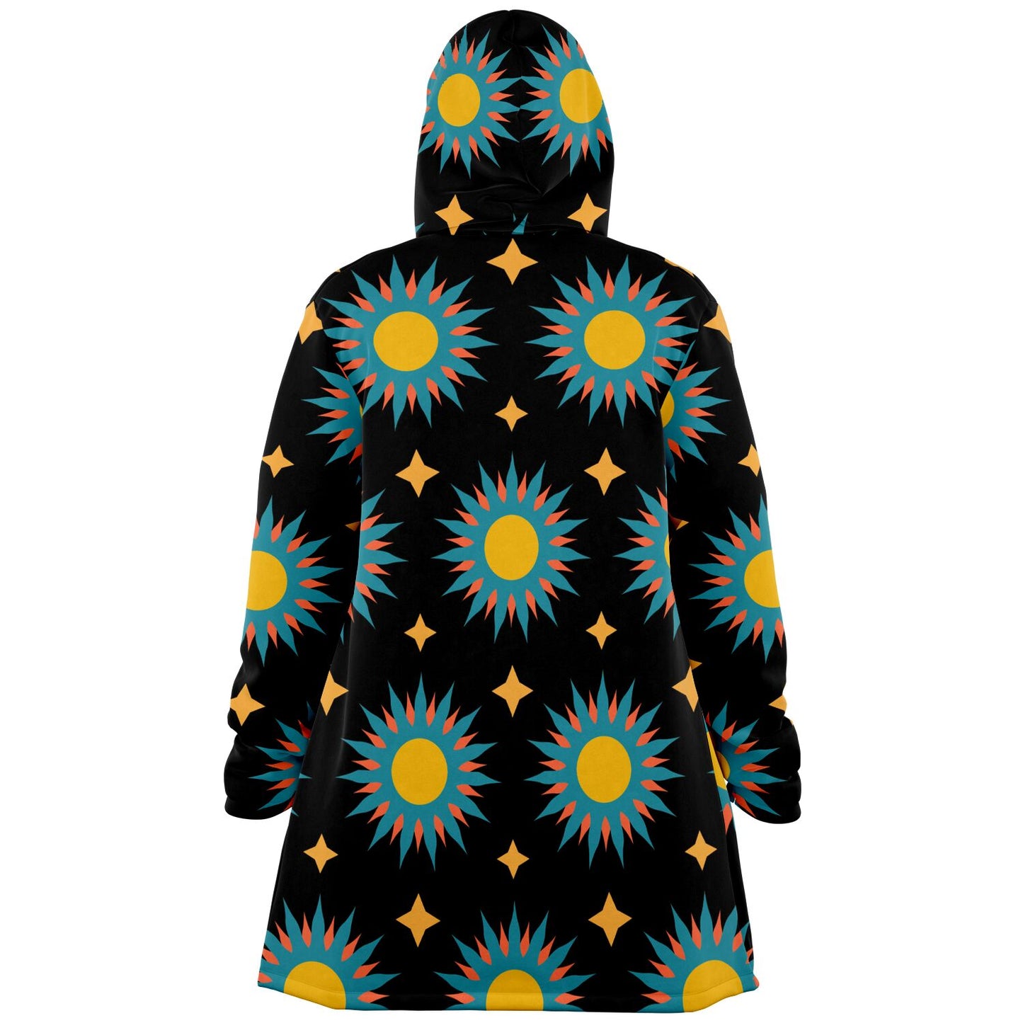 A cozy, hooded, black microfleece cloak with a colorful sun design.