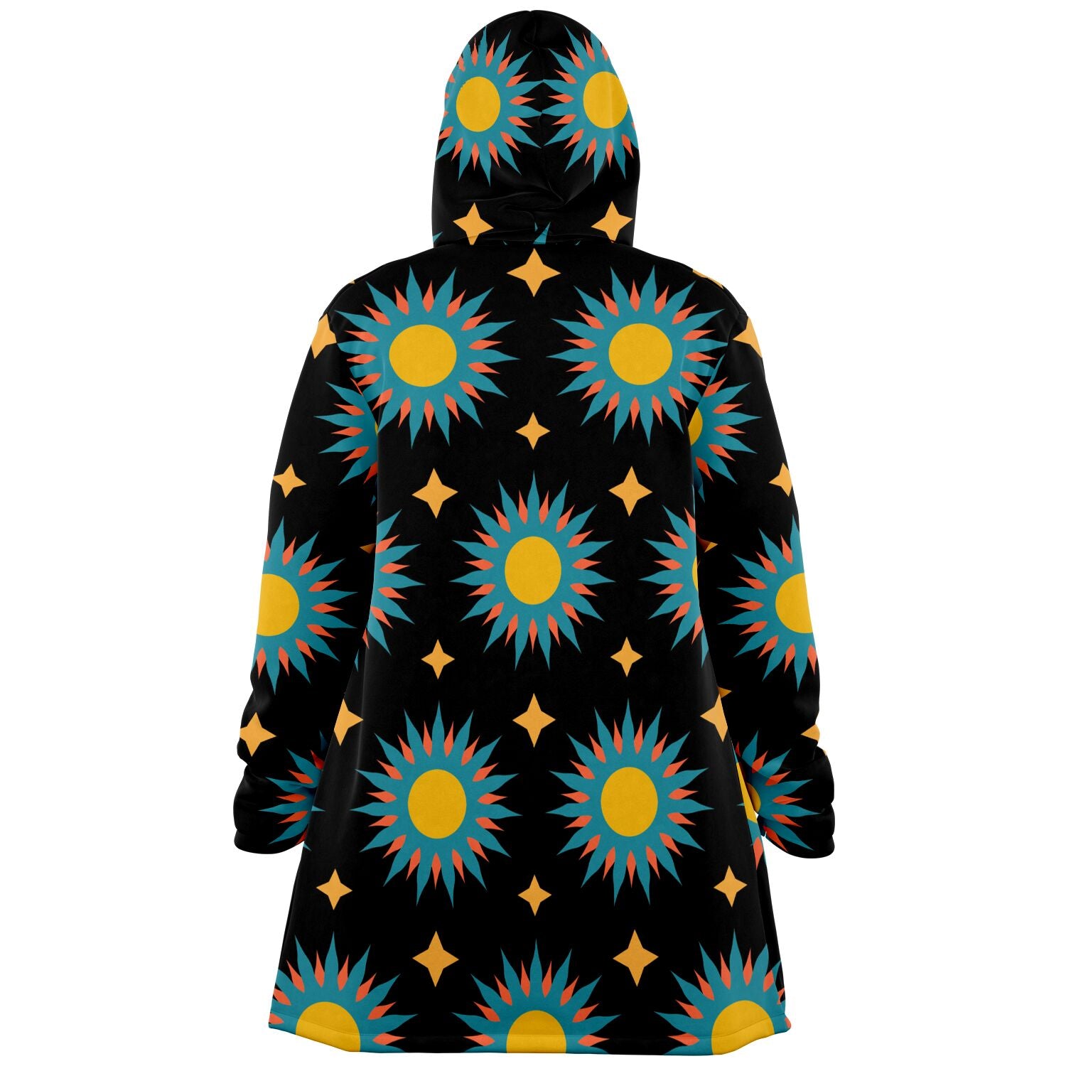 A cozy, hooded, black microfleece cloak with a colorful sun design.