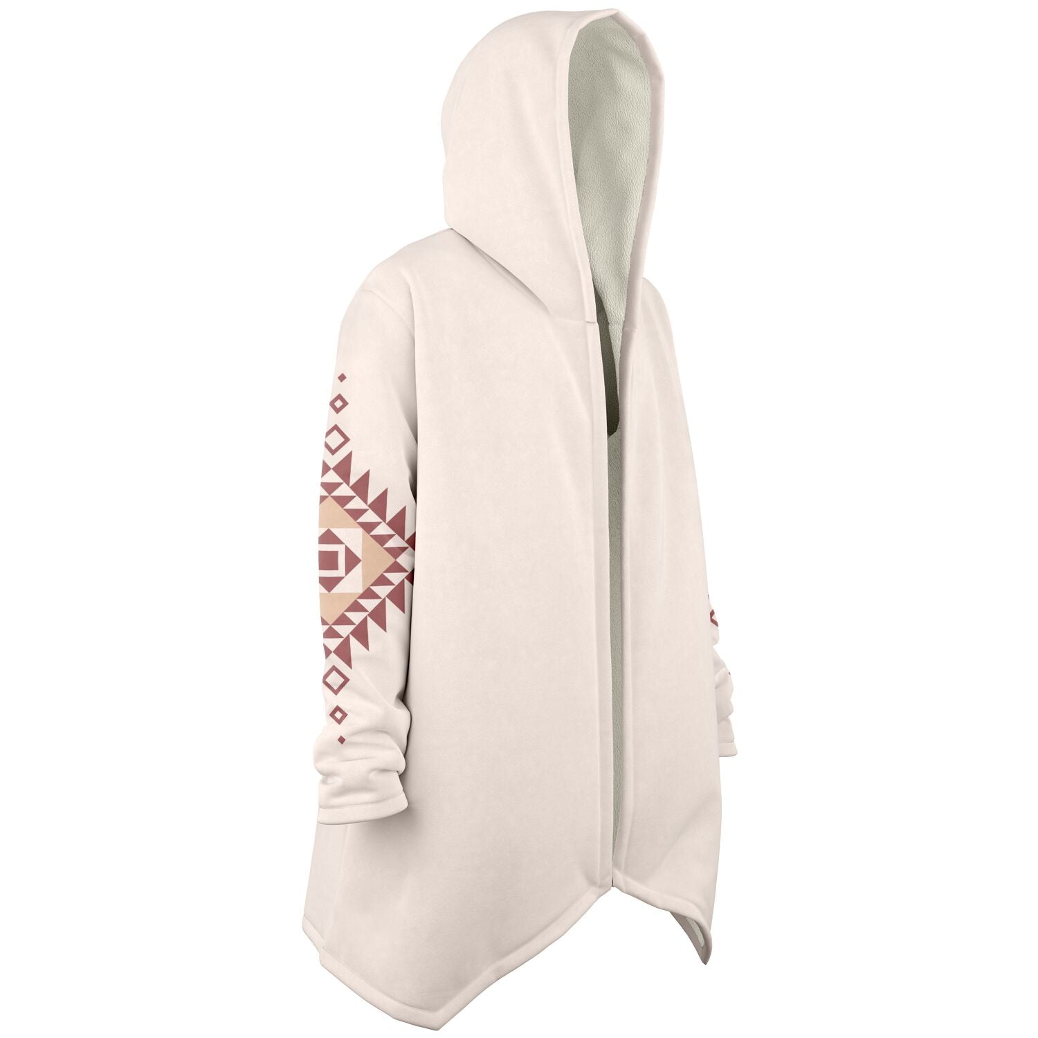 A cozy, hooded, beige microfleece cloak with a pink and tan Southwestern diamond shaped design on the back and elbows.
