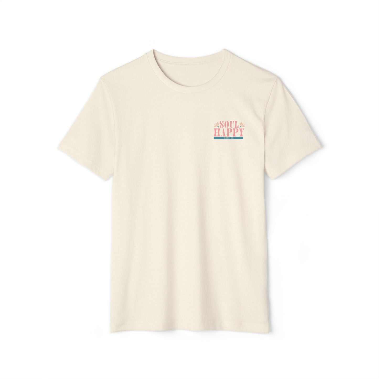 A natural beige recycled, organic, short sleeved t-shirt that says Soul Happy Supply Co. on the front.