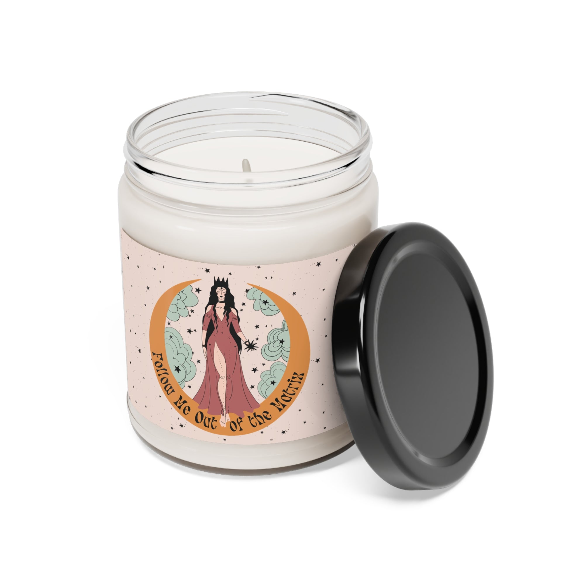 Eco friendly, 9oz soy wax candle with cotton wick and "Follow Me Out of the Matrix" design.