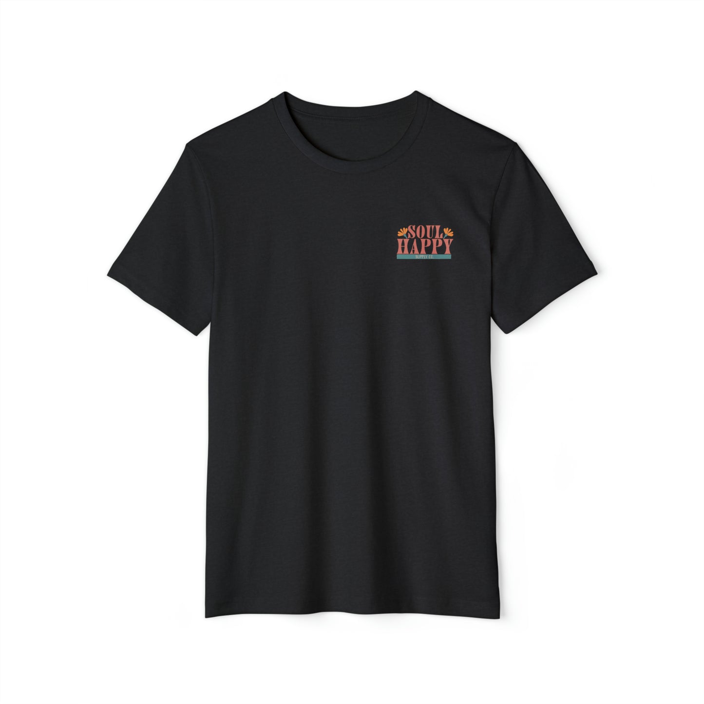 A black recycled, organic, short sleeved t-shirt that says Soul Happy Supply Co. on the front.