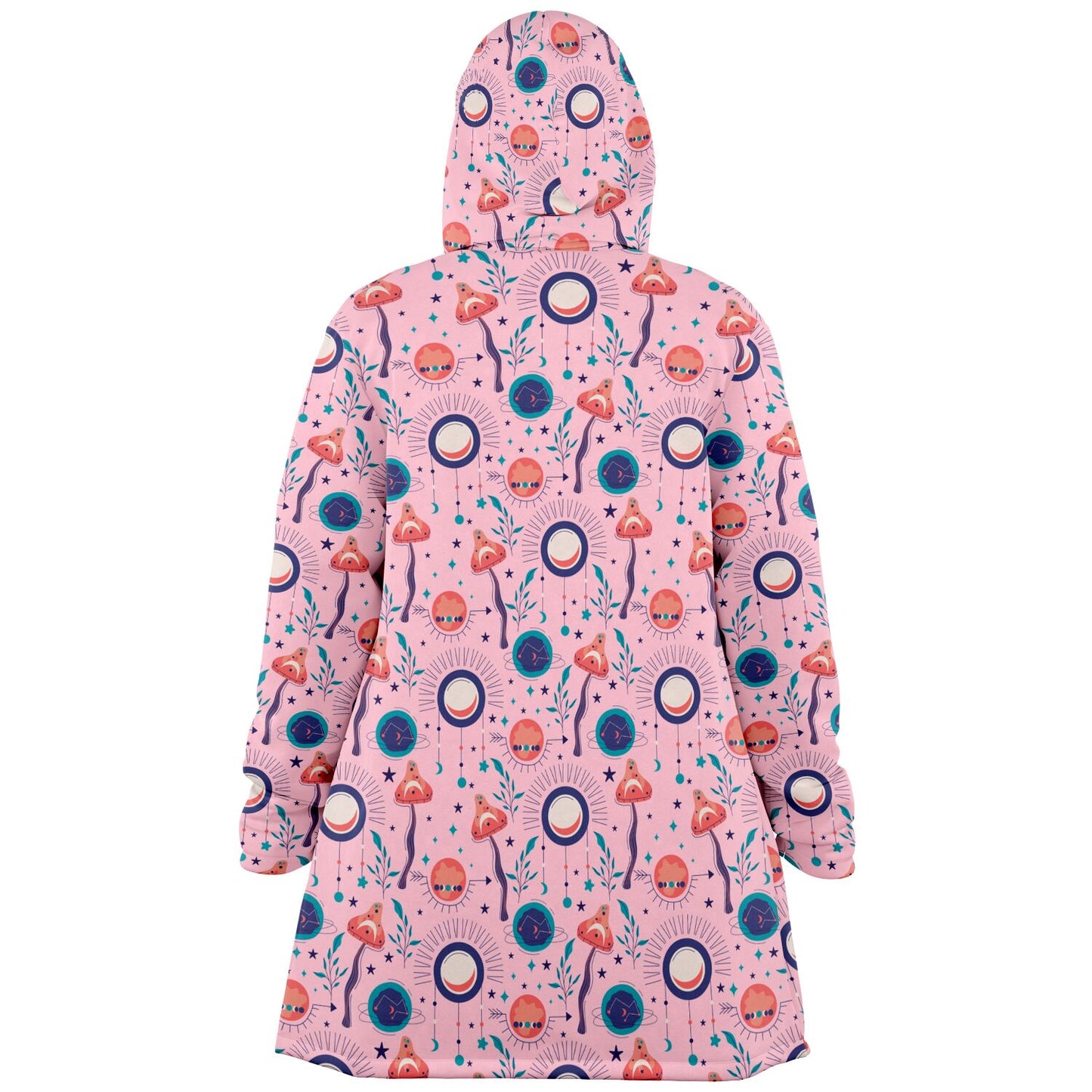 A cozy, hooded, pink microfleece cloak with a colorful, trippy mushroom design.