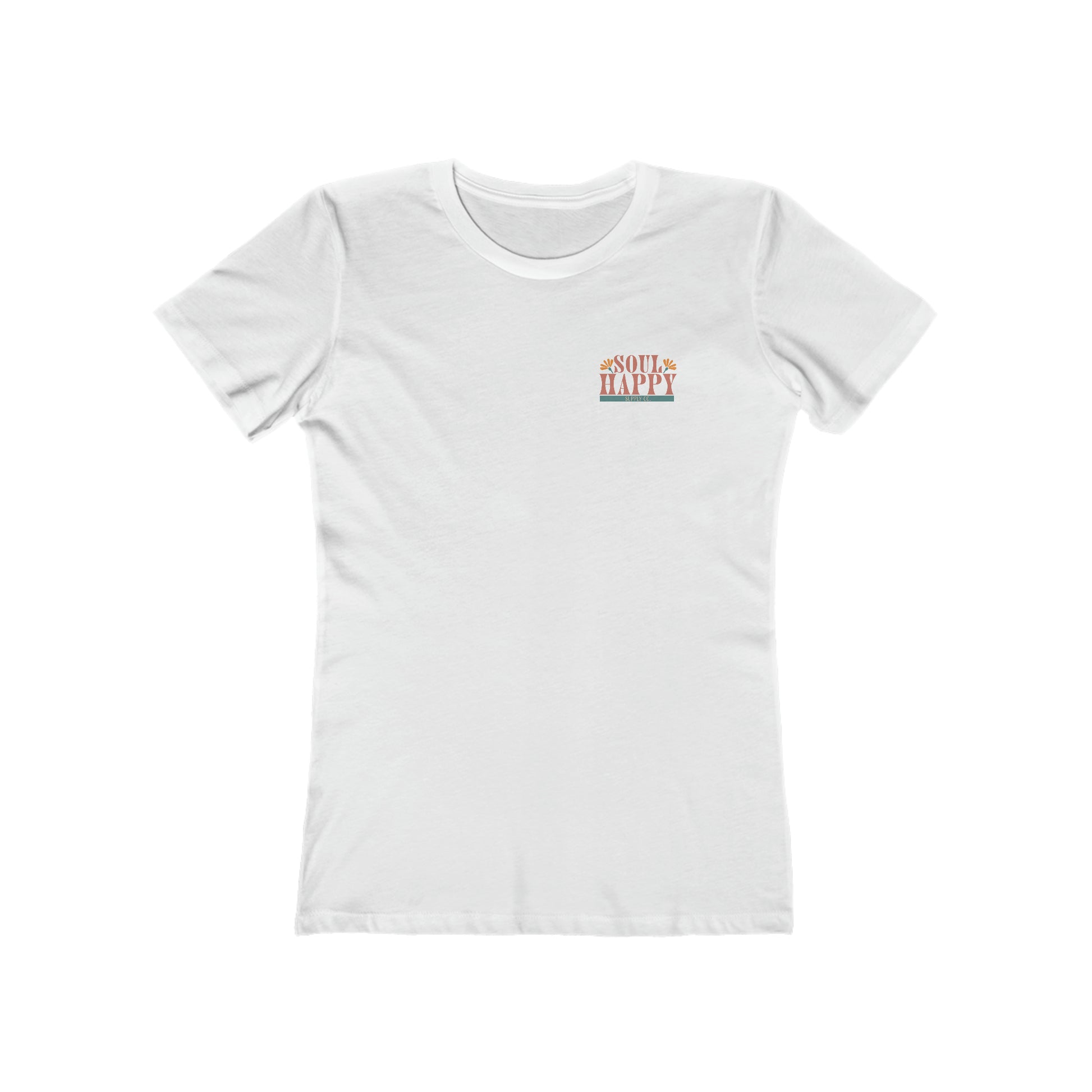 A white, slim fit tee that says Soul Happy Supply Co. on the front.