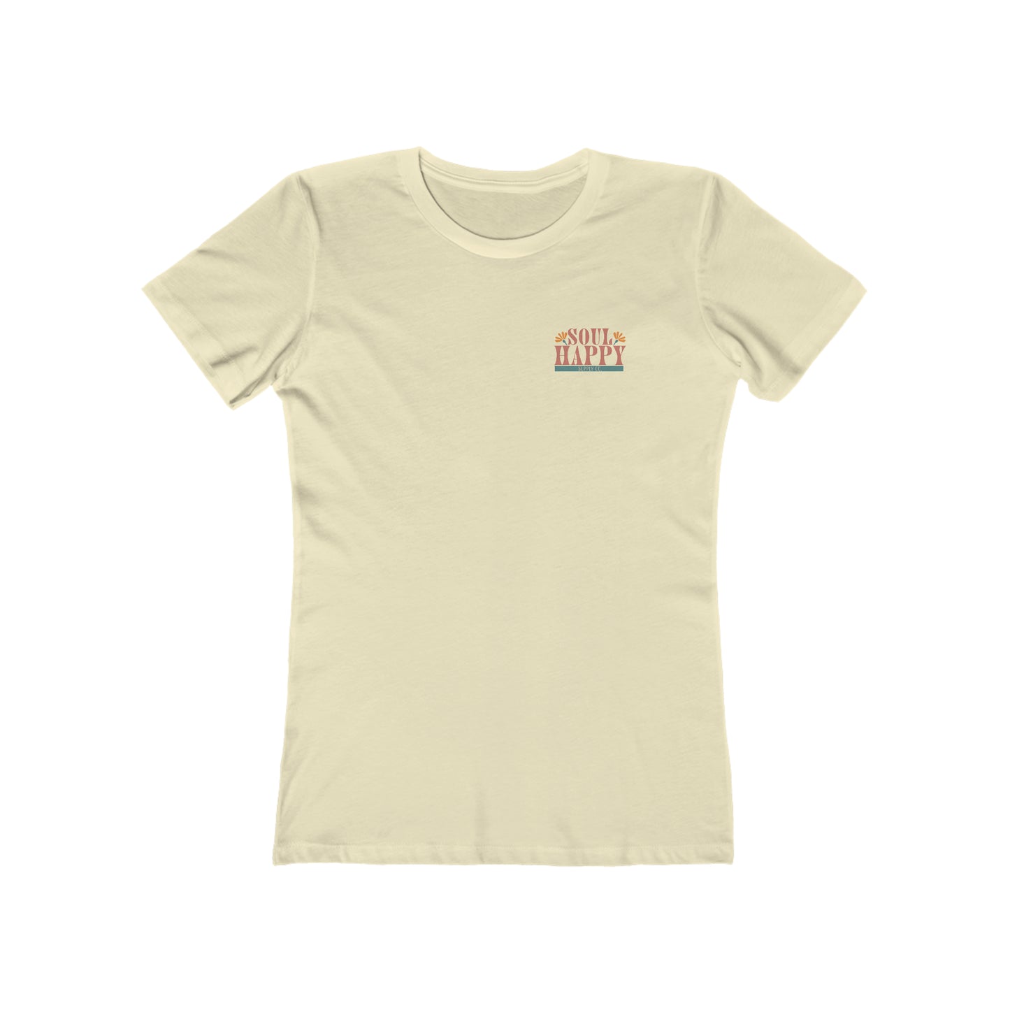 A natural beige, slim fit tee that says Soul Happy Supply Co. on the front.
