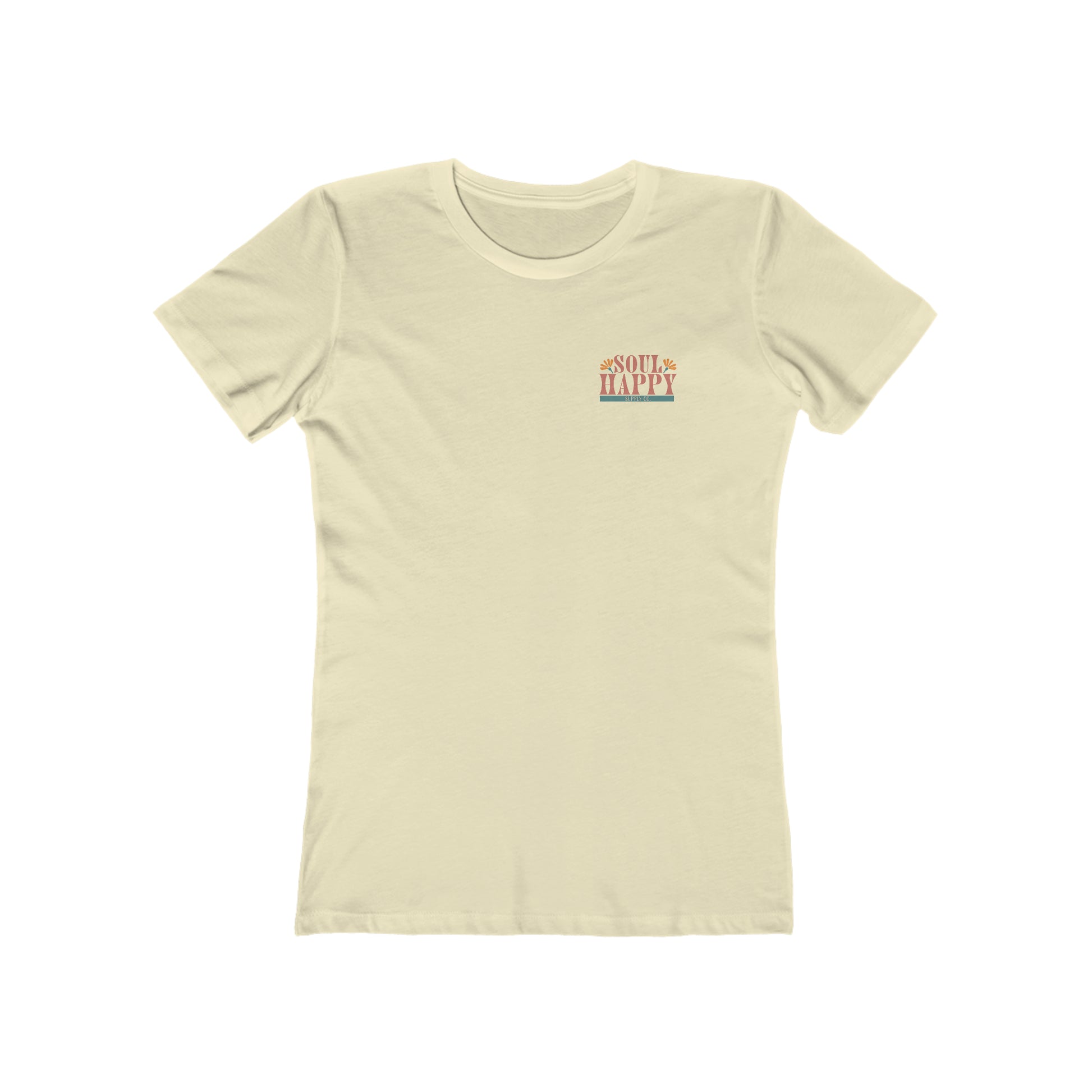 A natural beige, slim fit tee that says Soul Happy Supply Co. on the front.