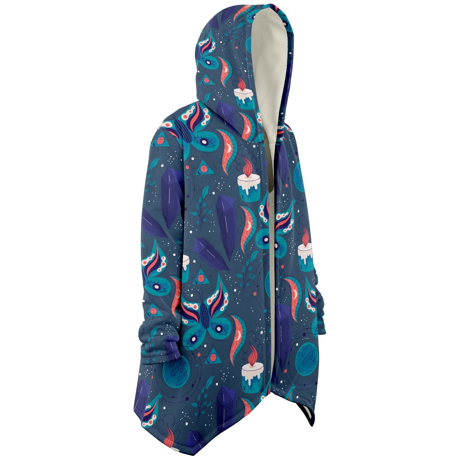 A cozy, hooded, blue microfleece cloak with a colorful butterfly and candle design