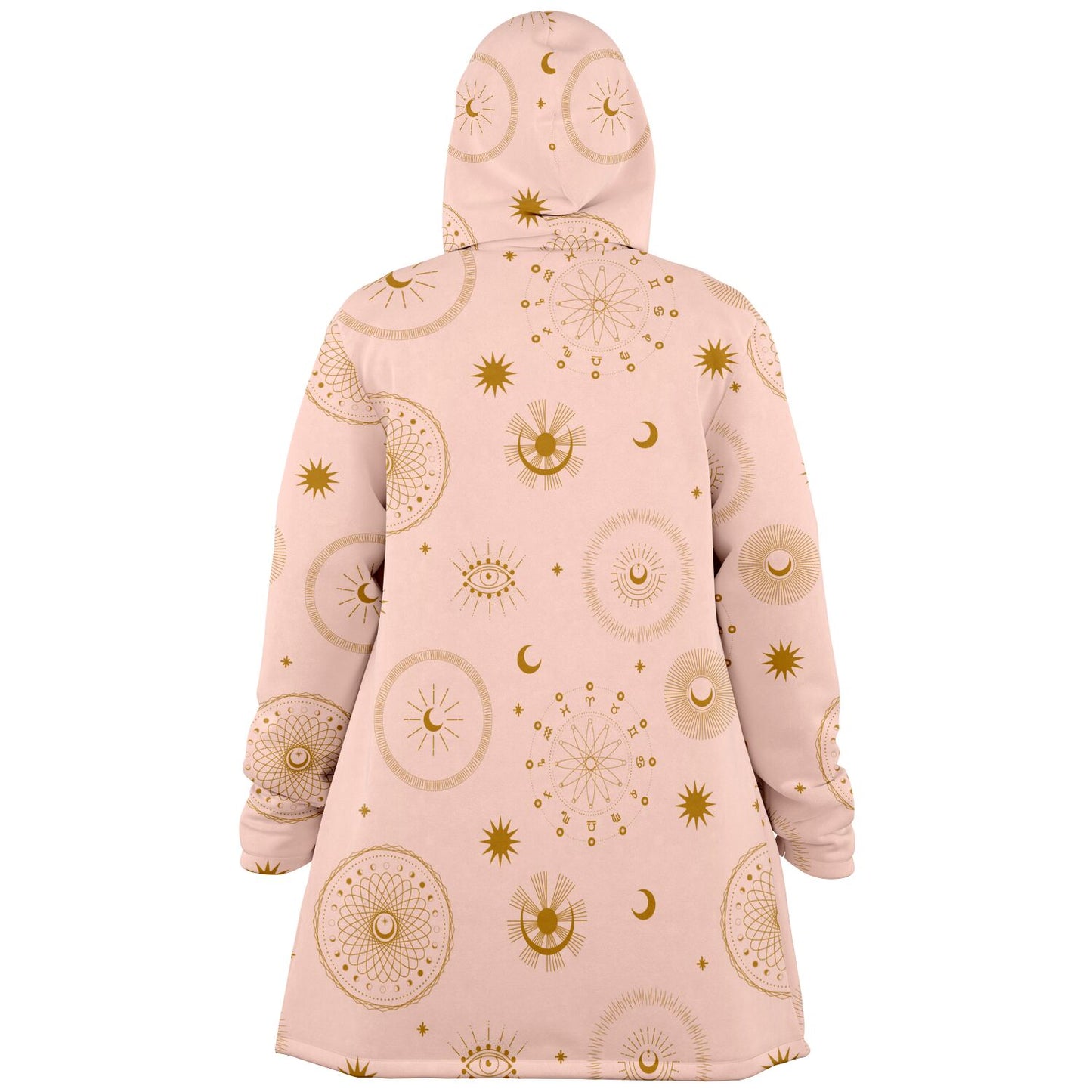 Cozy, hooded, light pink microfleece cloak with gold cosmic zodiac design