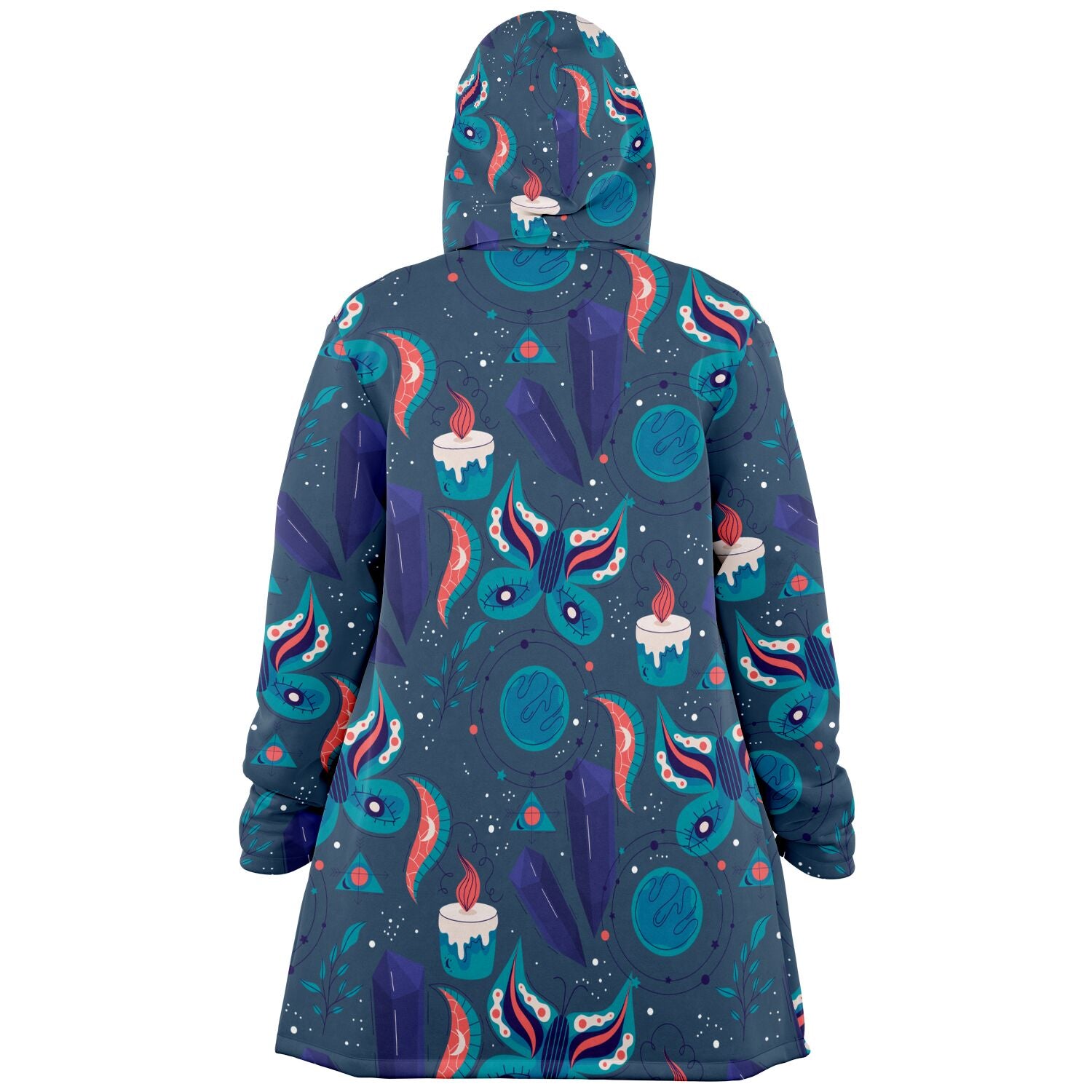 A cozy, hooded, blue microfleece cloak with a colorful butterfly and candle design