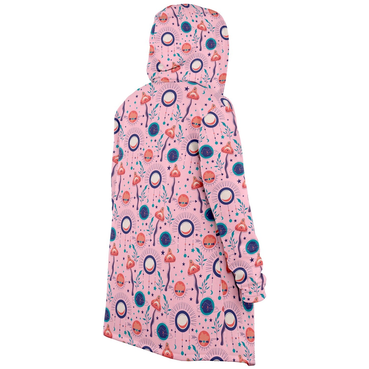 A cozy, hooded, pink microfleece cloak with a colorful, trippy mushroom design.