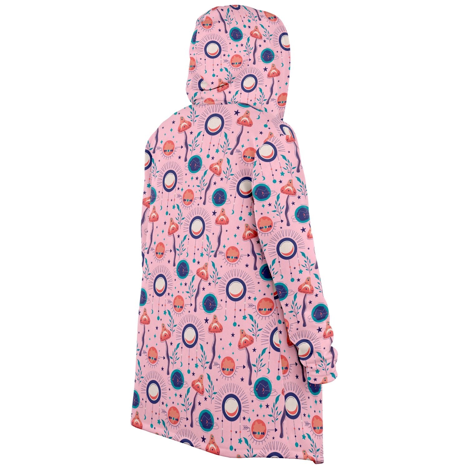 A cozy, hooded, pink microfleece cloak with a colorful, trippy mushroom design.