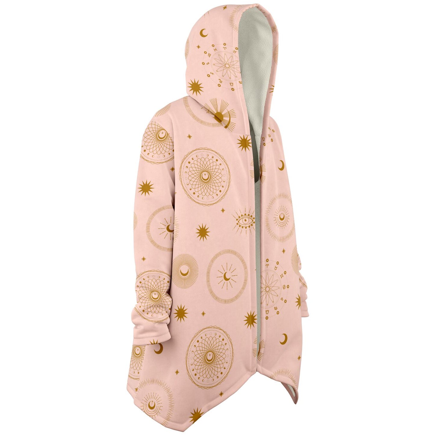 Cozy, hooded, light pink microfleece cloak with gold cosmic zodiac design