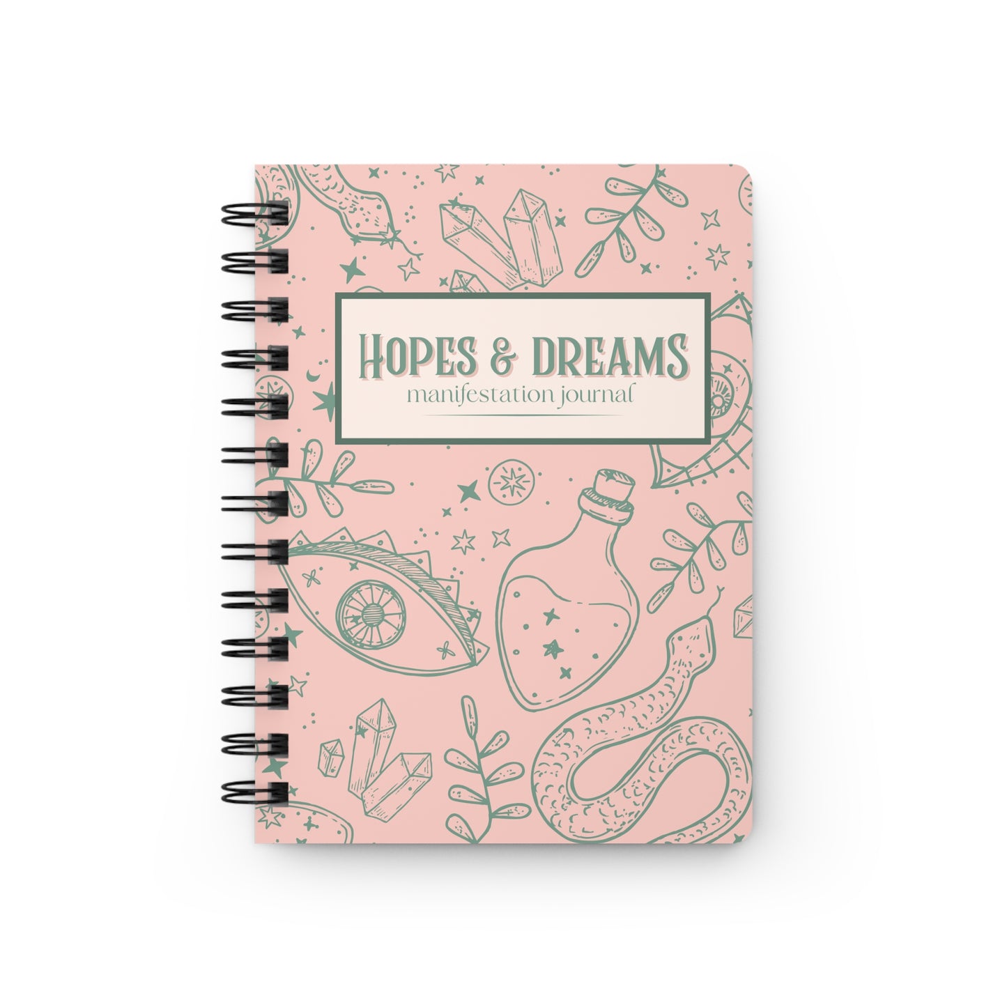 Hopes & Dreams Manifestation Journal. Pink with green mystical graphics.
