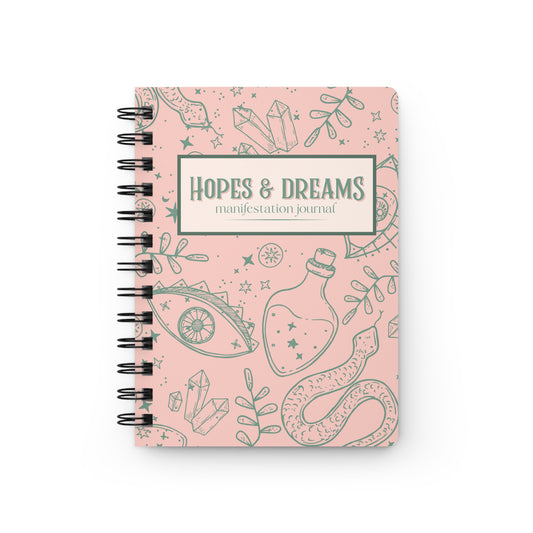 Hopes & Dreams Manifestation Journal. Pink with green mystical graphics.