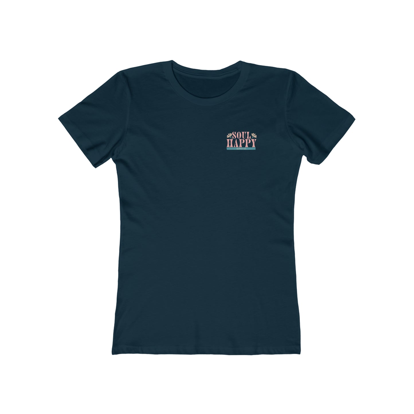 Women's navy, slim fit, short sleeved graphic tee that says Soul Happy Supply Co. on the front.