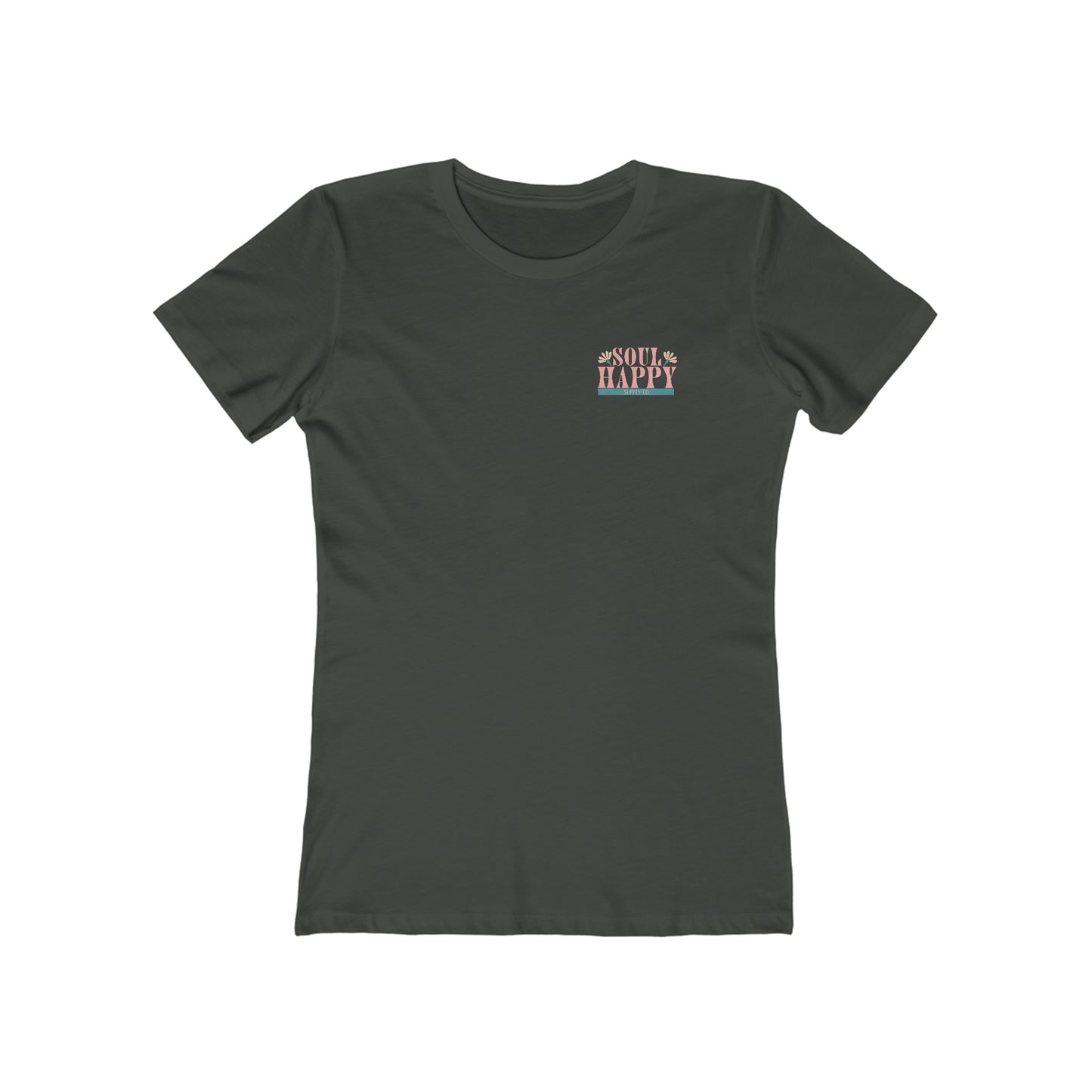 Women's heavy metal grey, slim fit, short sleeved graphic tee that says Soul Happy Supply Co. on the front.