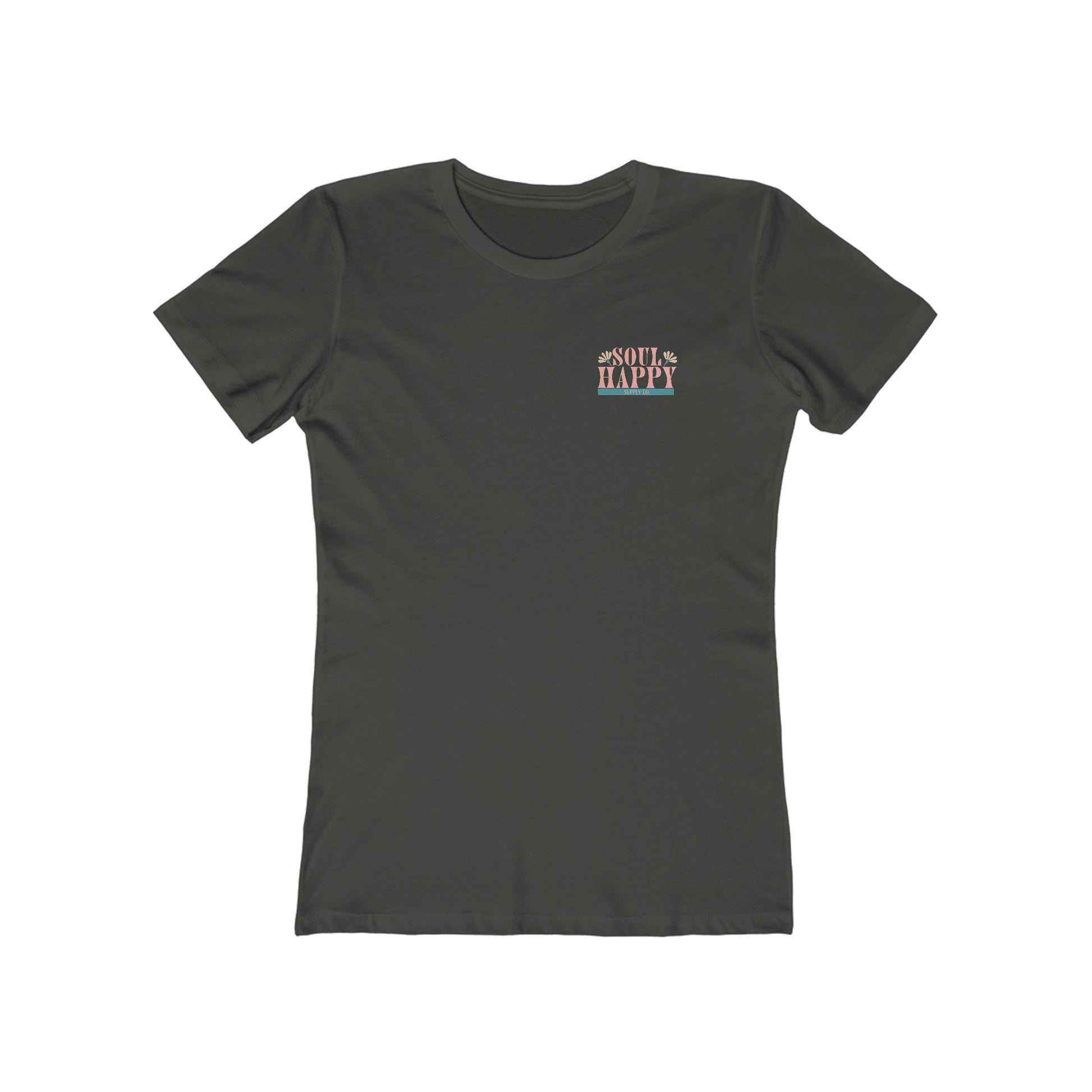 Women's heavy metal grey, slim fit, short sleeved graphic tee that says Soul Happy Supply Co. on the front.