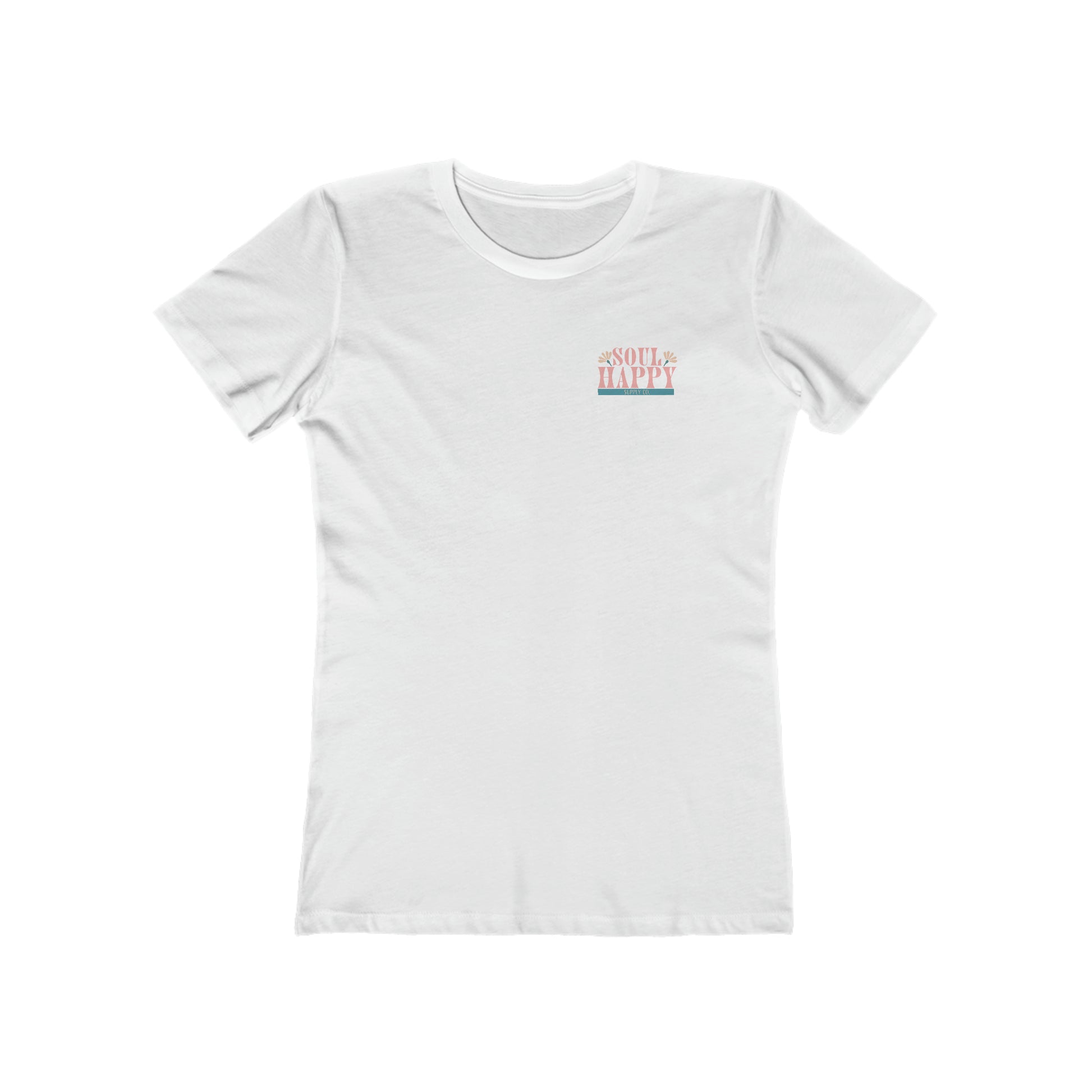Women's white, slim fit, short sleeved graphic tee that says Soul Happy Supply Co. on the front.