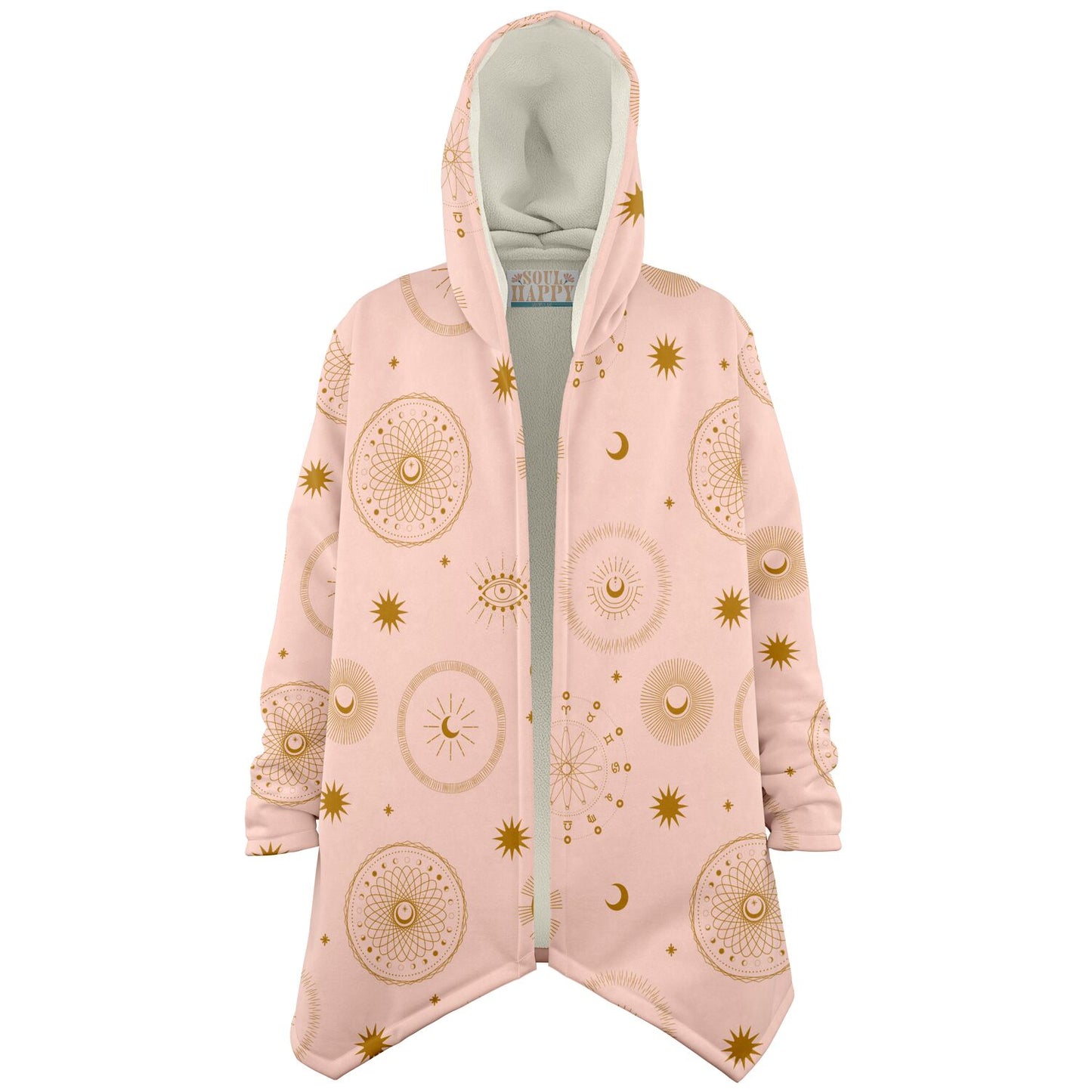 Cozy, hooded, light pink microfleece cloak with gold cosmic zodiac design