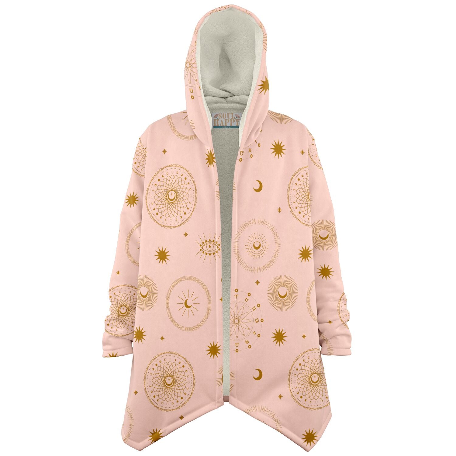 Cozy, hooded, light pink microfleece cloak with gold cosmic zodiac design