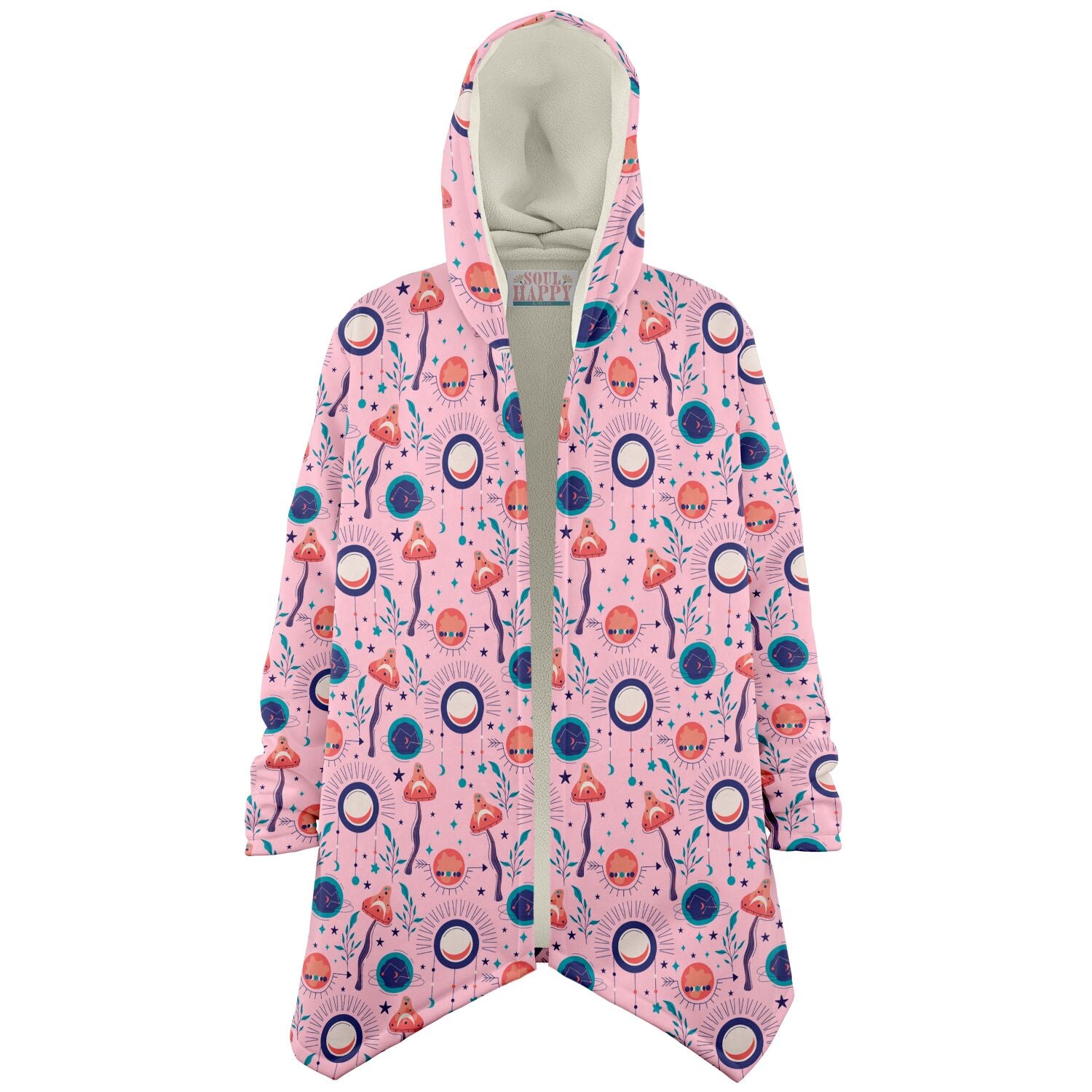 A cozy, hooded, pink microfleece cloak with a colorful, trippy mushroom design.