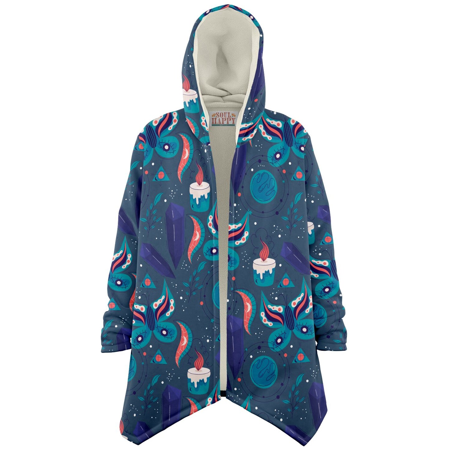 A cozy, hooded, blue microfleece cloak with a colorful butterfly and candle design