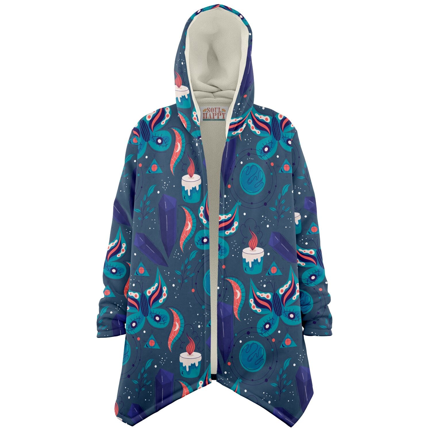 A cozy, hooded, blue microfleece cloak with a colorful butterfly and candle design