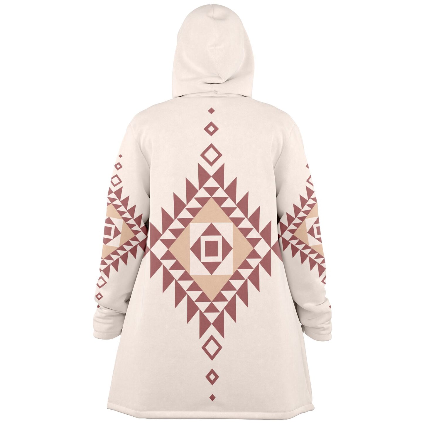 A cozy, hooded, beige microfleece cloak with a pink and tan Southwestern diamond shaped design on the back and elbows.