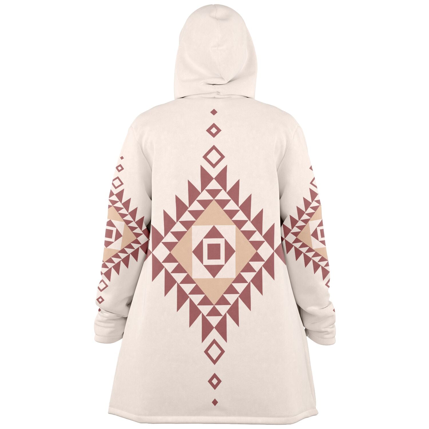 A cozy, hooded, beige microfleece cloak with a pink and tan Southwestern diamond shaped design on the back and elbows.