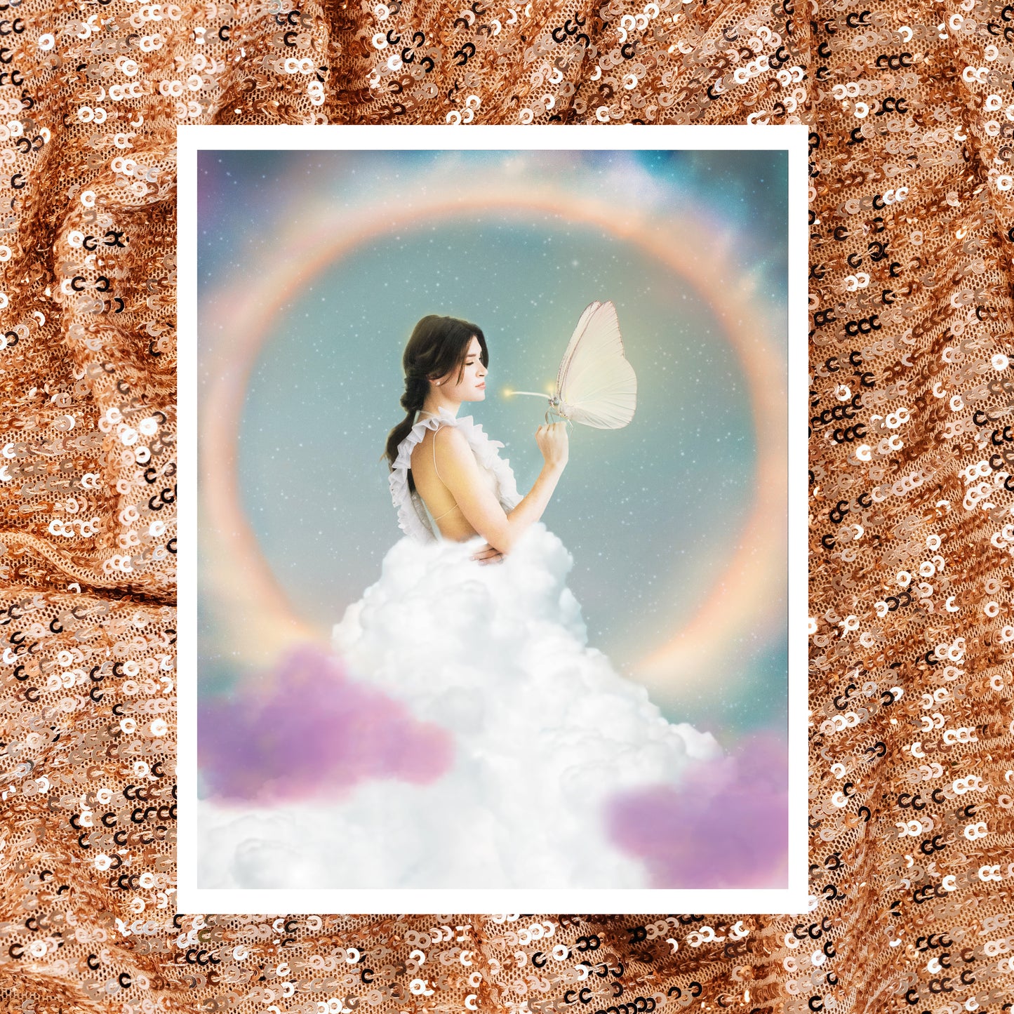 Woman in a white dress holding a butterfly with a colorful, rainbow background.