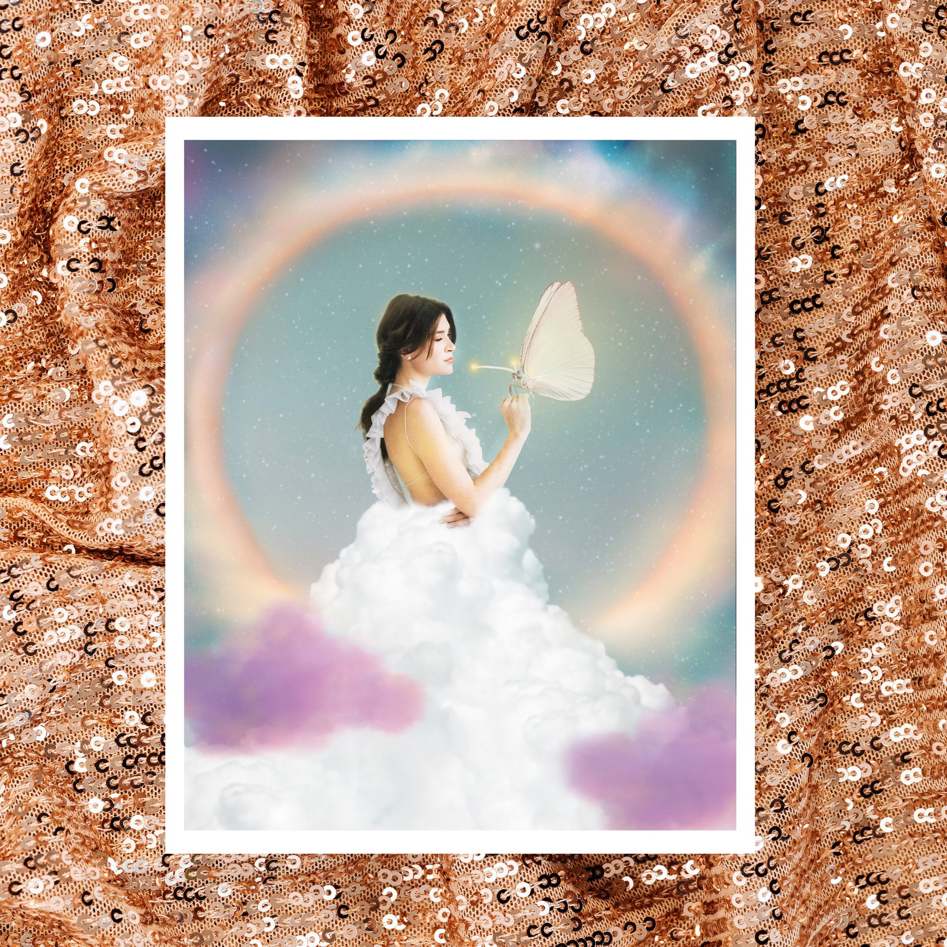 Woman in a white dress holding a butterfly with a colorful, rainbow background.