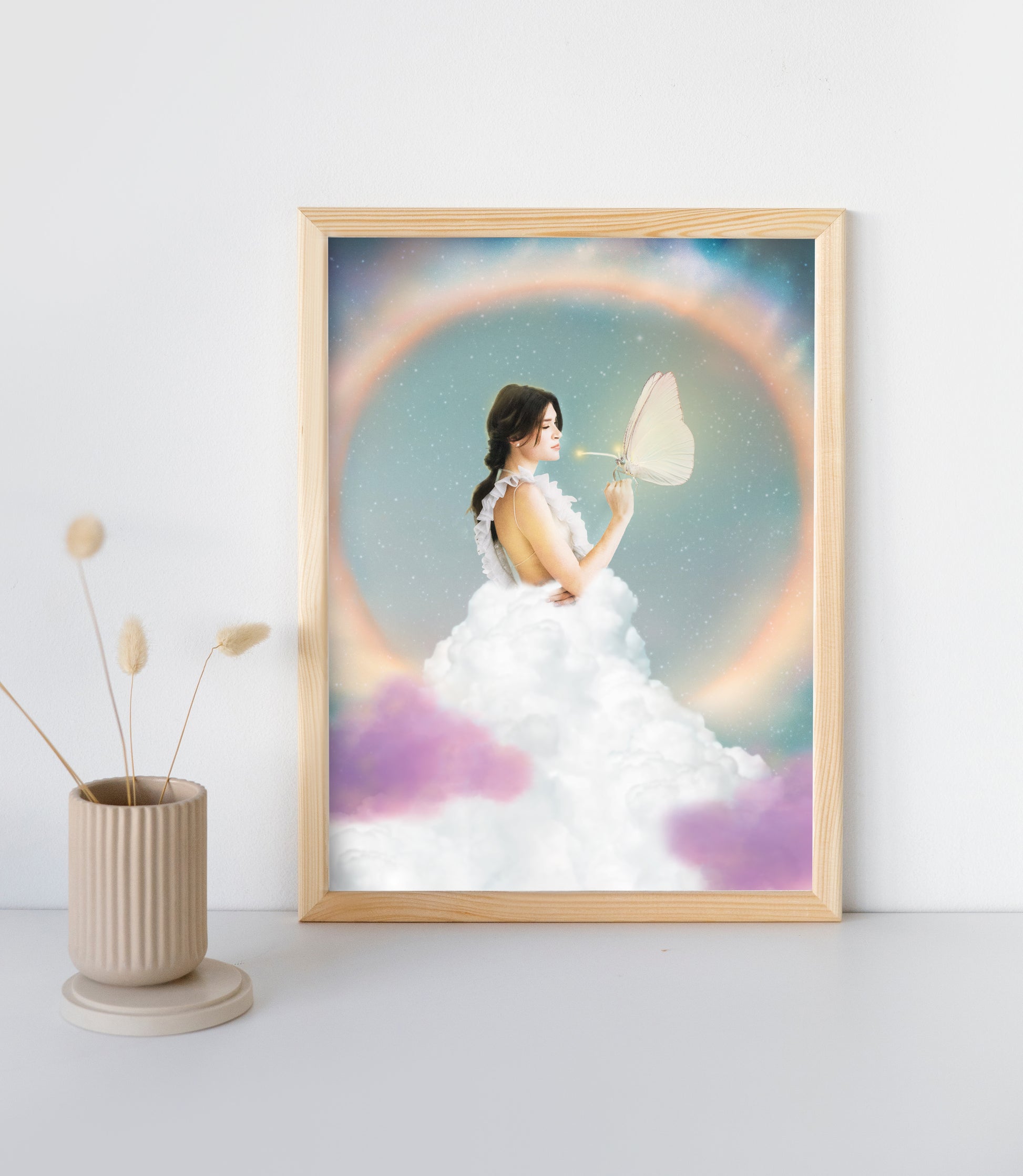 Woman in a white dress holding a butterfly with a colorful, rainbow background.