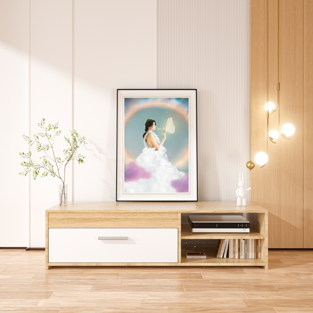 Woman in a white dress holding a butterfly with a colorful, rainbow background.