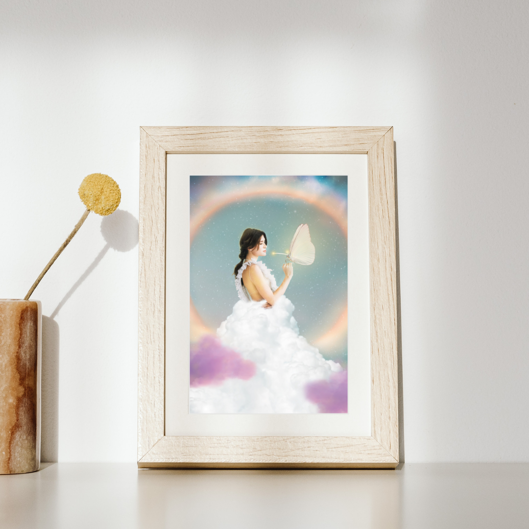 Woman in a white dress holding a butterfly with a colorful, rainbow background.