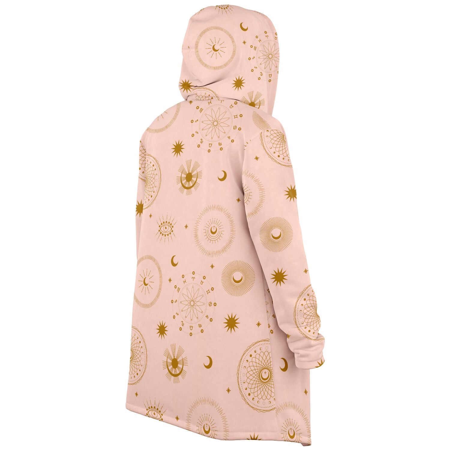 Cozy, hooded, light pink microfleece cloak with gold cosmic zodiac design